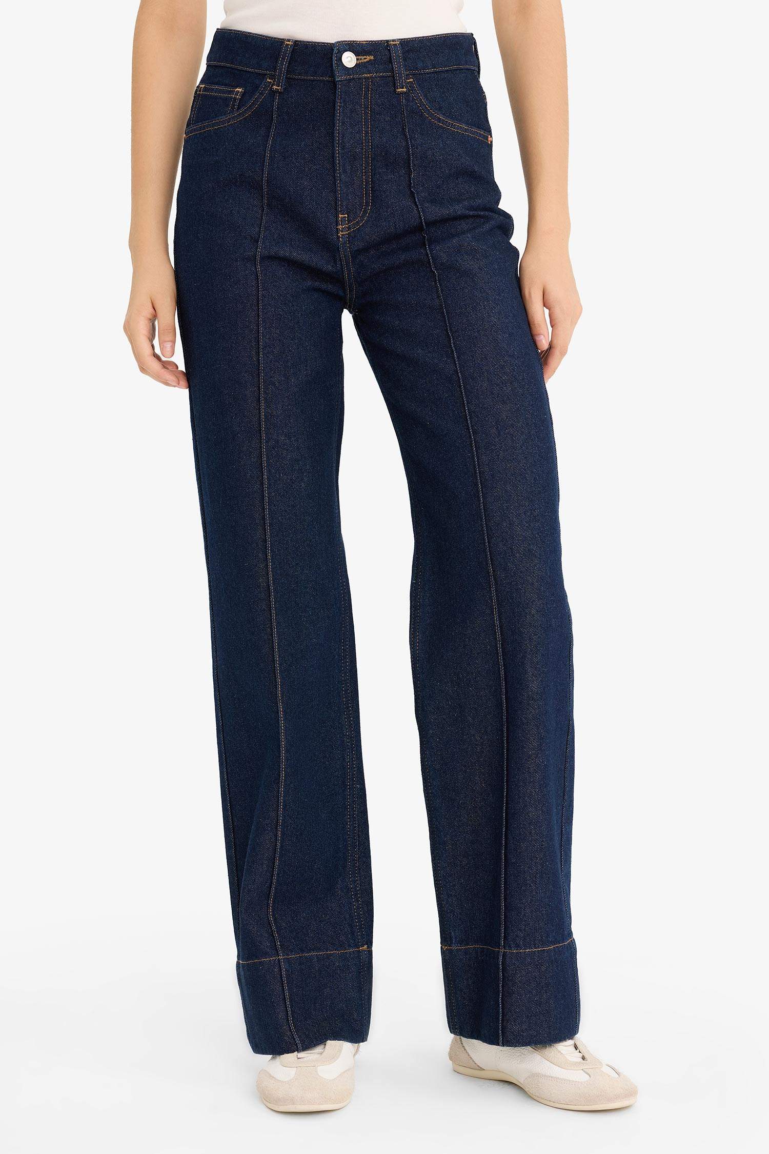 Regular Hem High Waist Straight Leg Denim Trousers