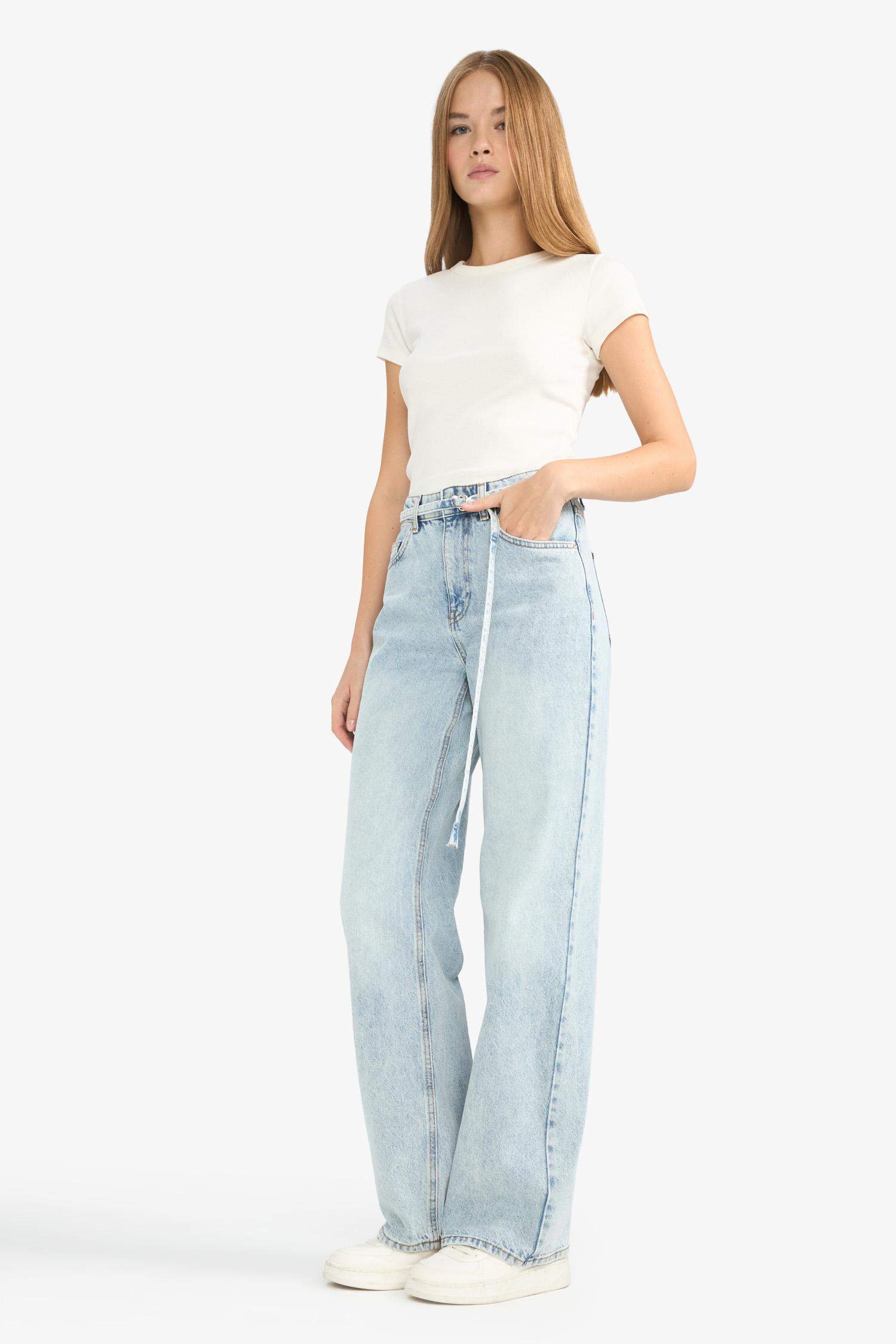 Straight Wide Yüksek Bel Düz Paça Uzun Jean Yıkamalı Pantolon