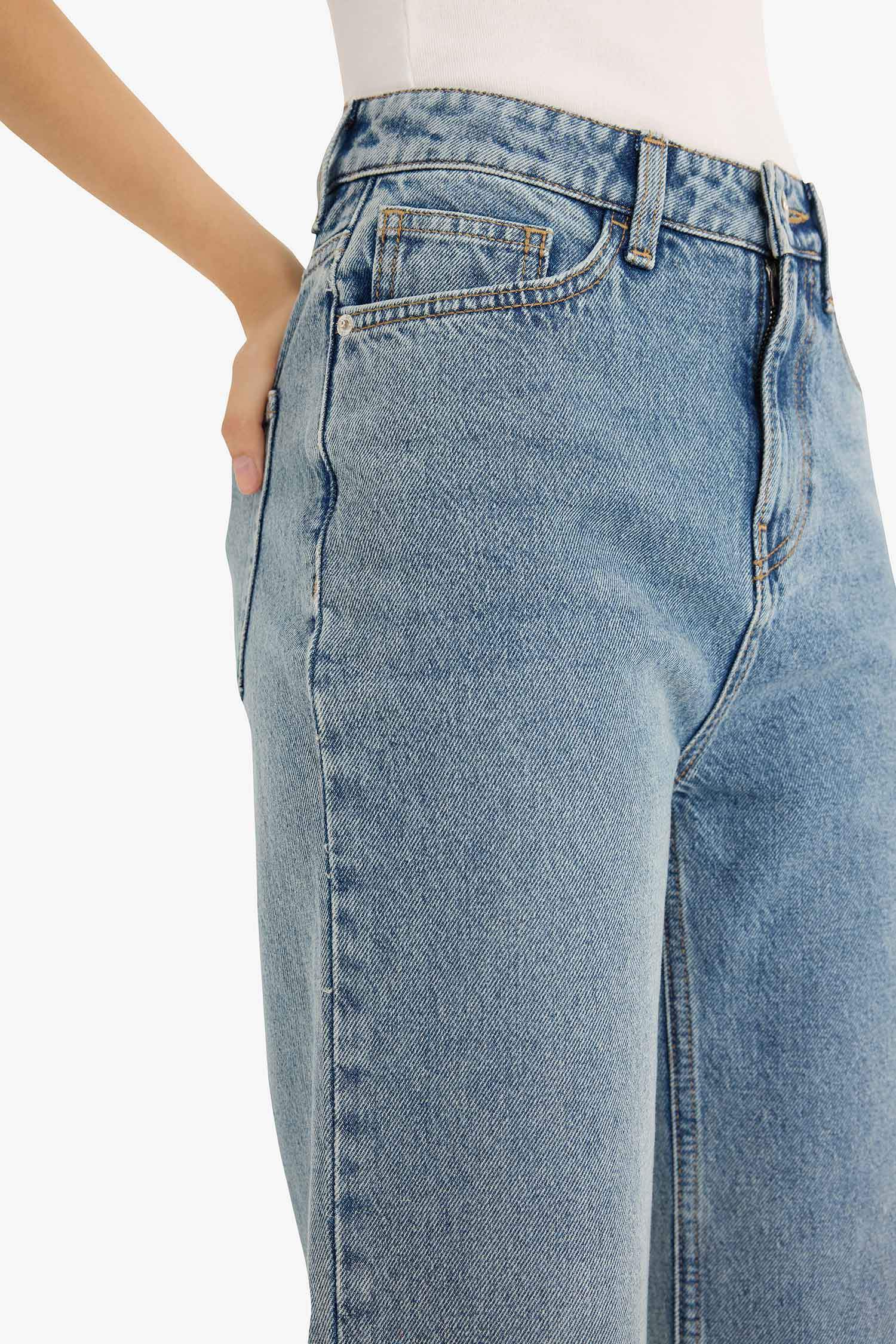 Straight Fit Yüksek Bel Düz Paça Uzun Jean Kar Yıkamalı Pantolon