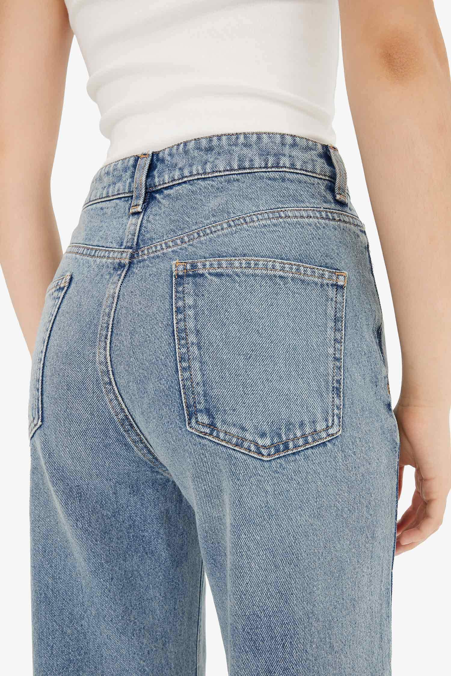 Straight Fit Yüksek Bel Düz Paça Uzun Jean Kar Yıkamalı Pantolon