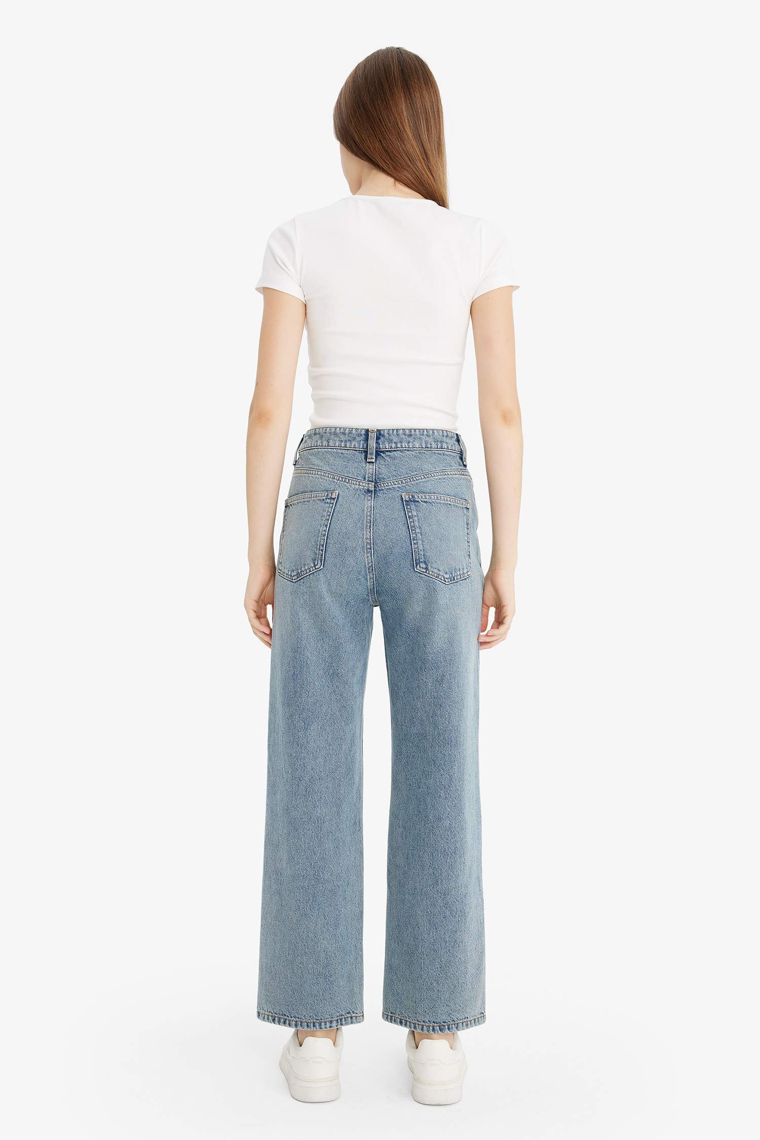 Straight Fit Yüksek Bel Düz Paça Uzun Jean Kar Yıkamalı Pantolon