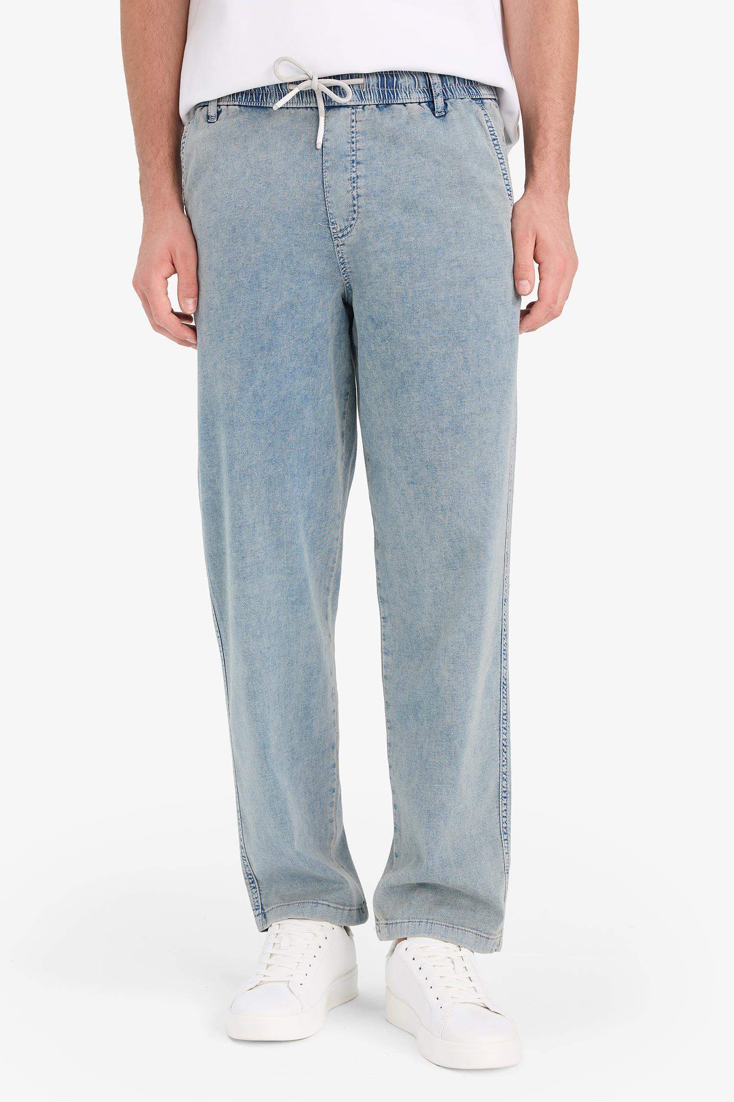 Wide Leg Beli Bağcıklı Lastikli Geniş Paça Jean Kar Yıkamalı Pantolon