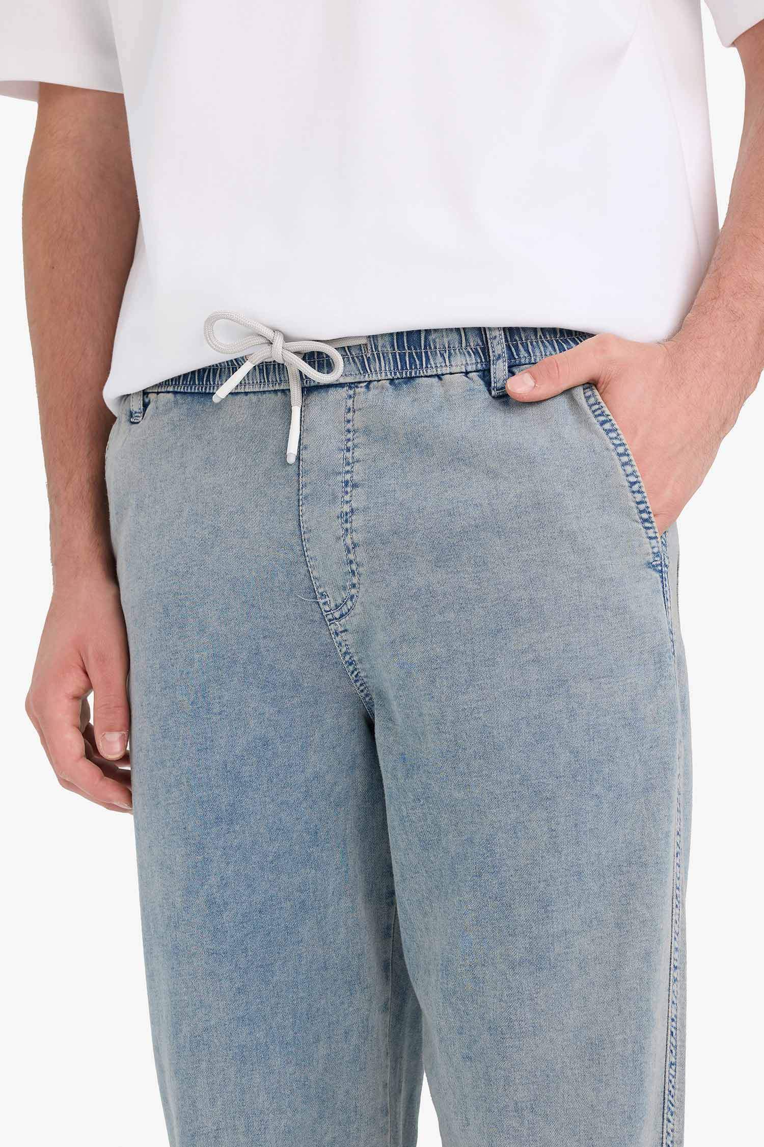 Wide Leg Beli Bağcıklı Lastikli Geniş Paça Jean Kar Yıkamalı Pantolon