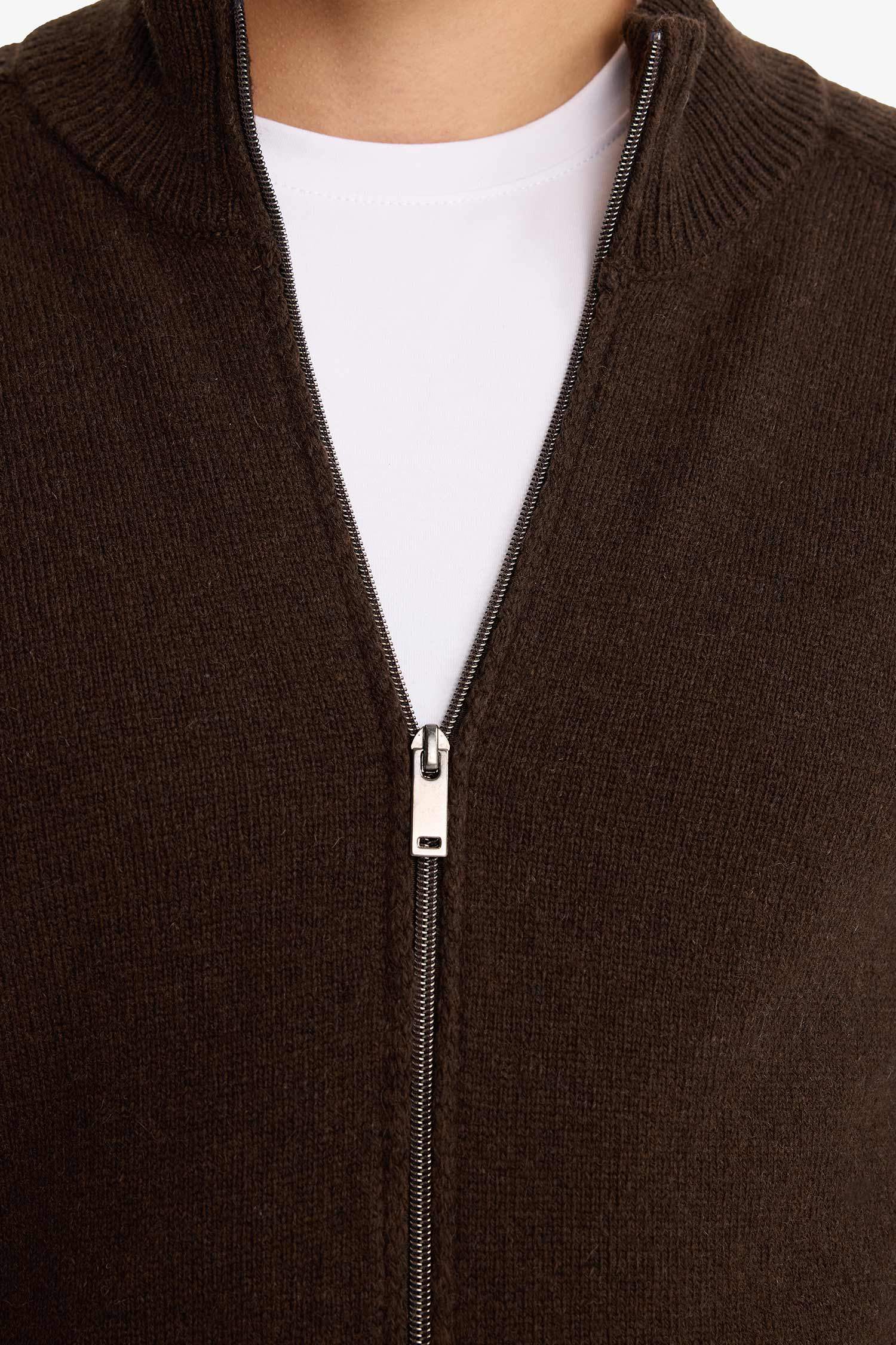 Standart Fit Dik Yaka Fermuarlı Yün Karışımlı Triko Hırka