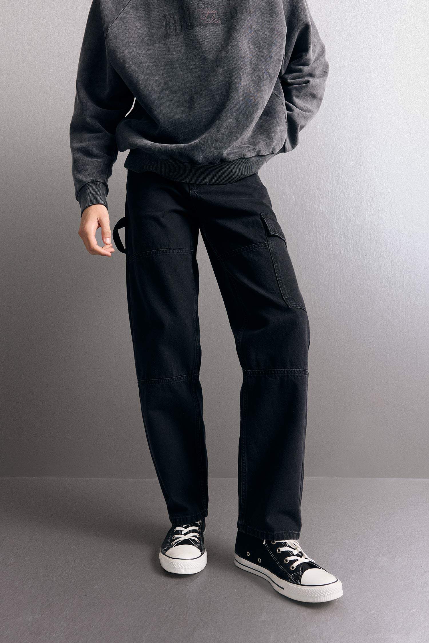 %100 Pamuk Relax Fit Geniş Paça Kargo Cepli Jean Pantolon