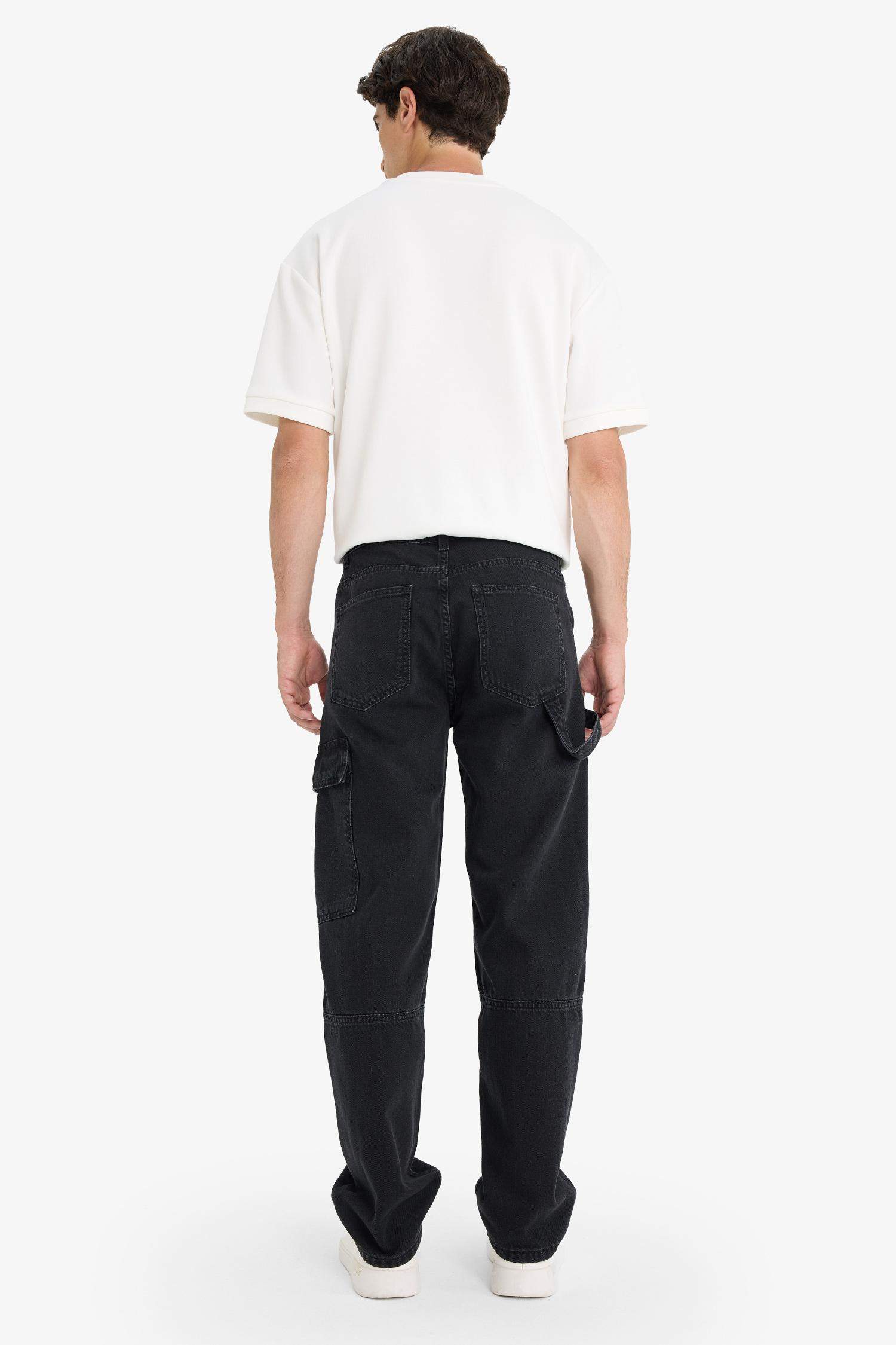 %100 Pamuk Relax Fit Geniş Paça Kargo Cepli Jean Pantolon