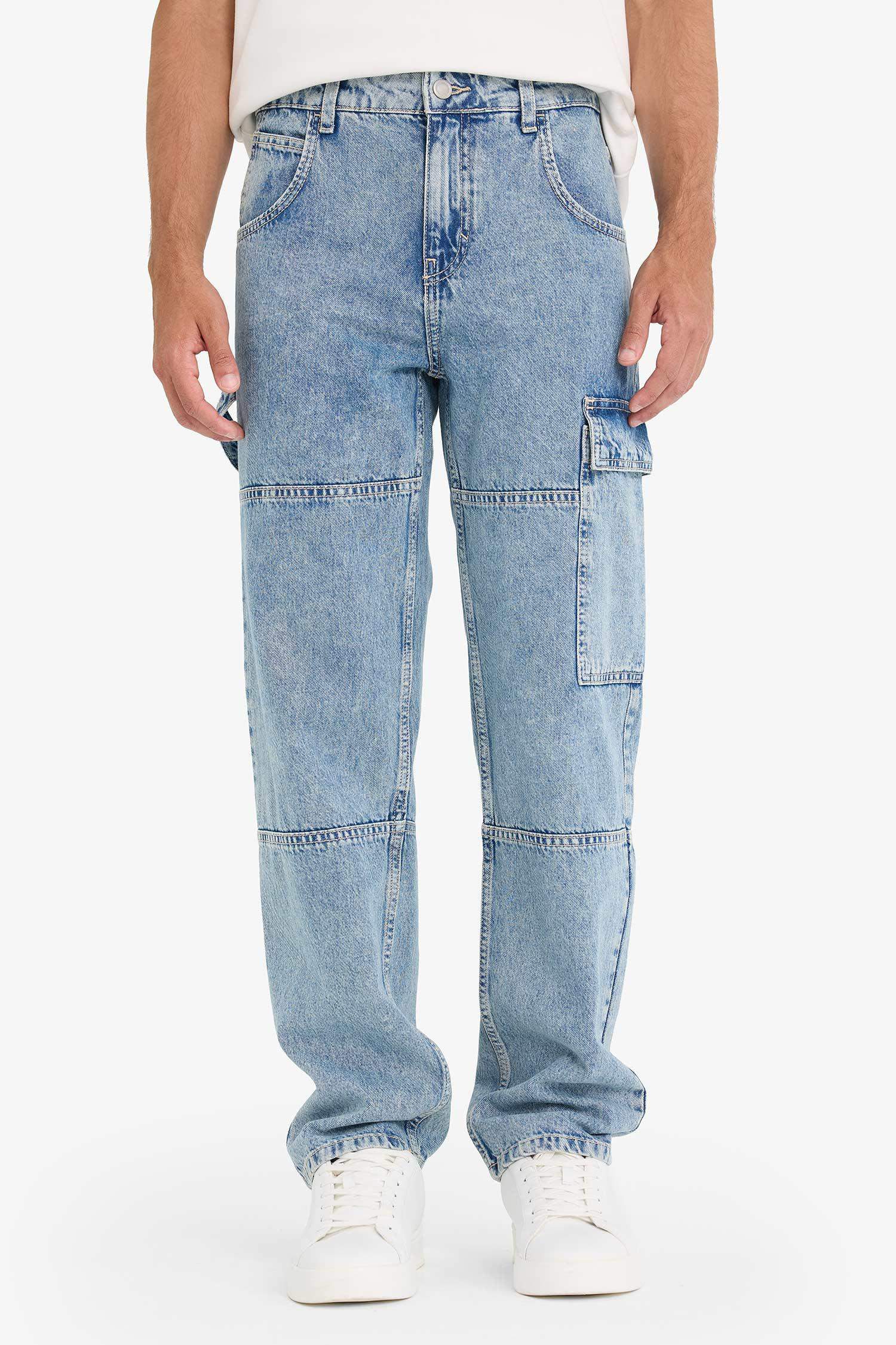 %100 Pamuk Relax Fit Kargo Cepli Geniş Paça Jean Pantolon