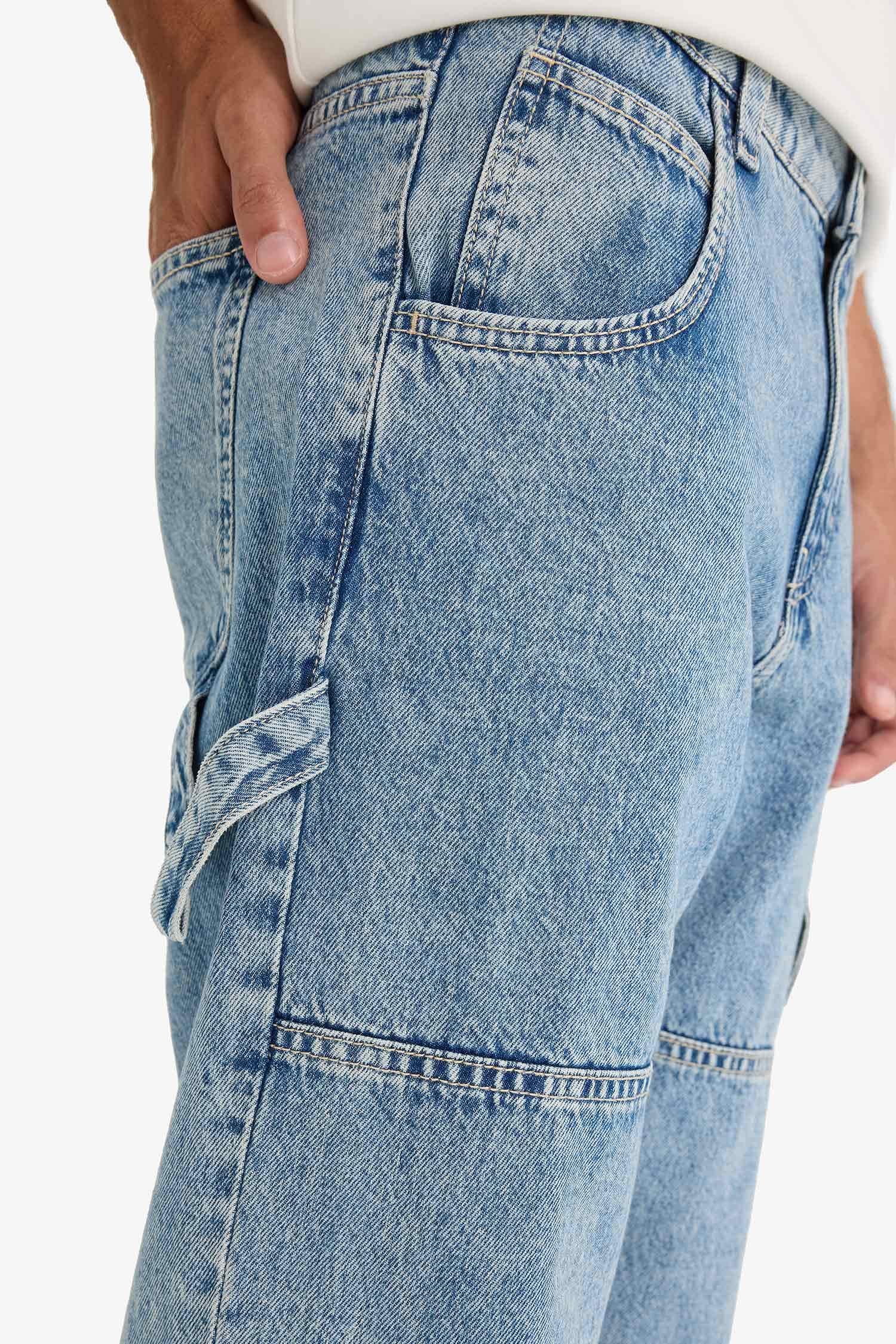 %100 Pamuk Relax Fit Kargo Cepli Geniş Paça Jean Pantolon