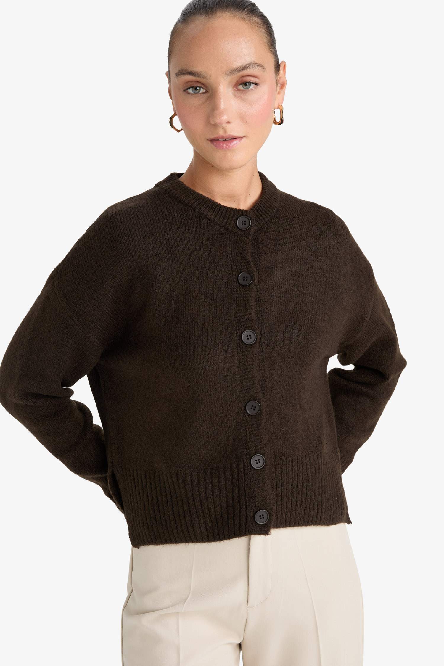 Regular Fit Bisiklet Yaka Düğmeli Triko Hırka