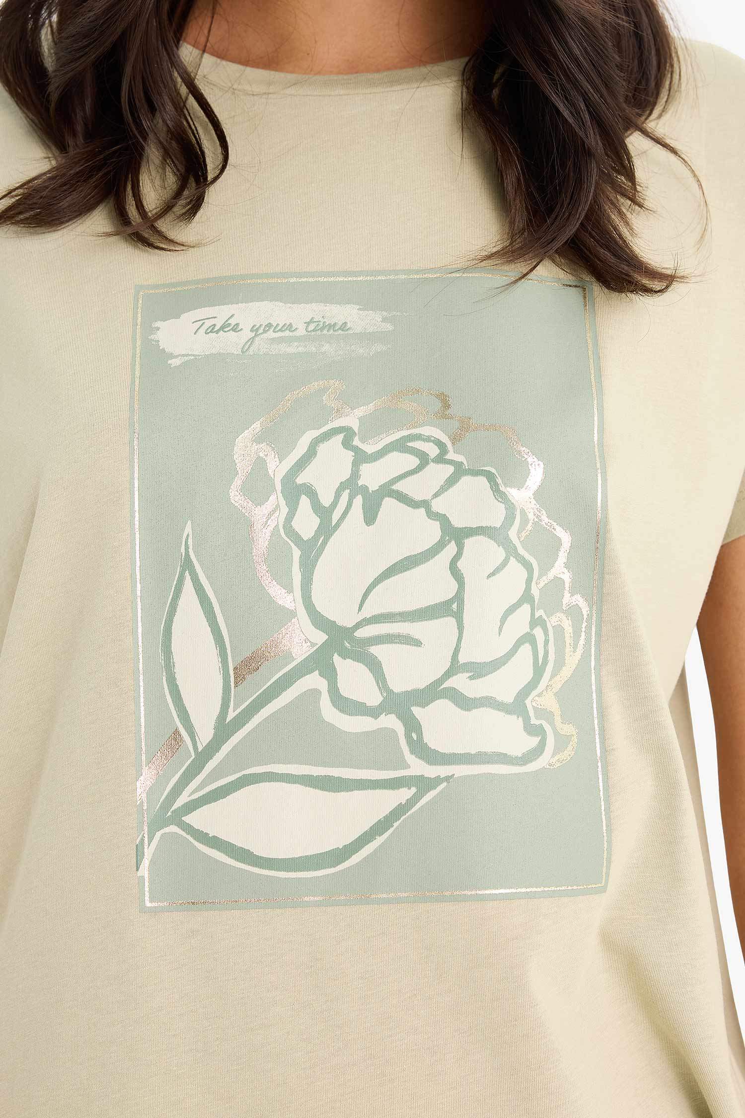 Crew Neck Floral Cotton Short Sleeve T-Shirt