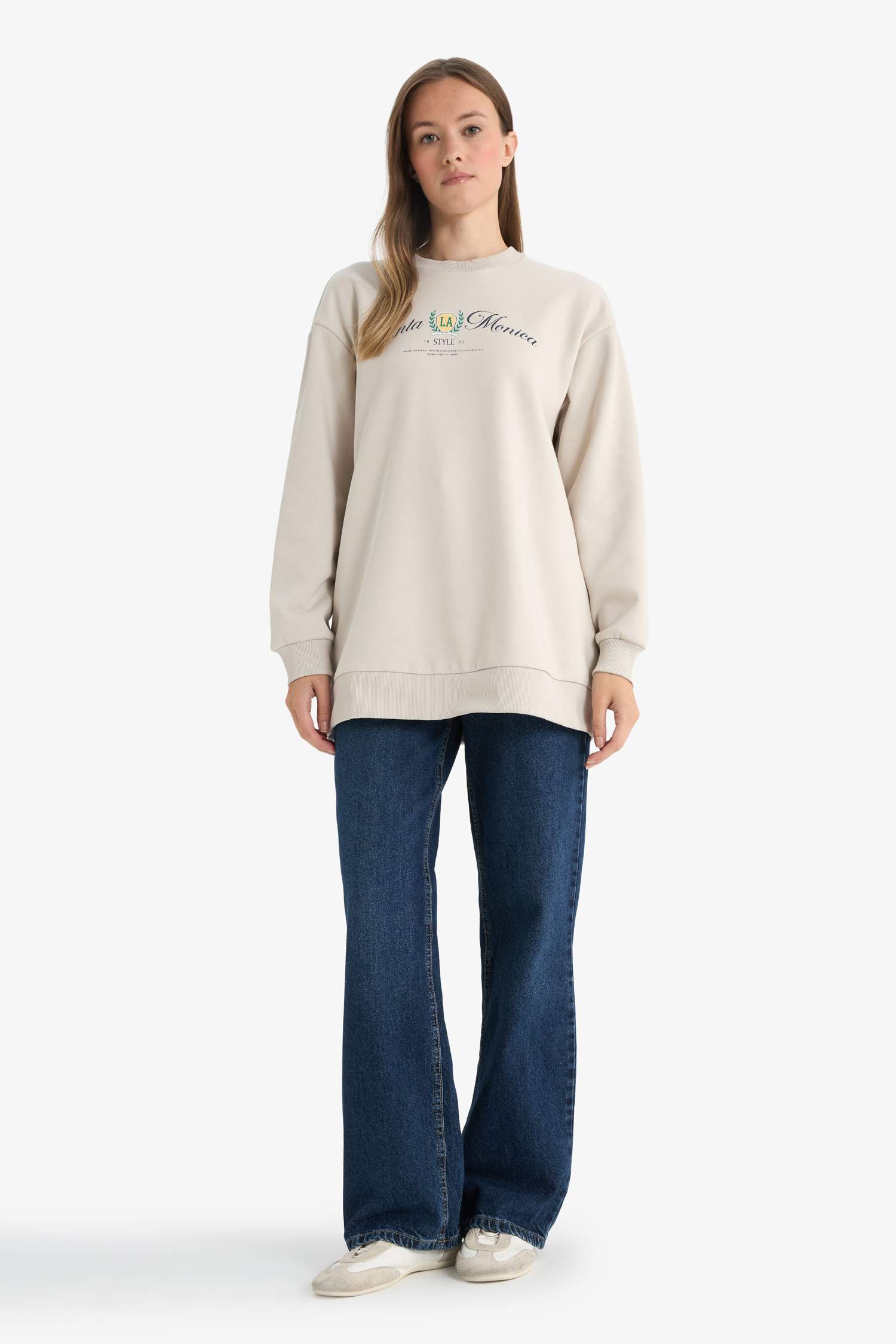 سويت تونيك مطبوع قصة عادية بياقة مستديرة ببطانة ناعمة