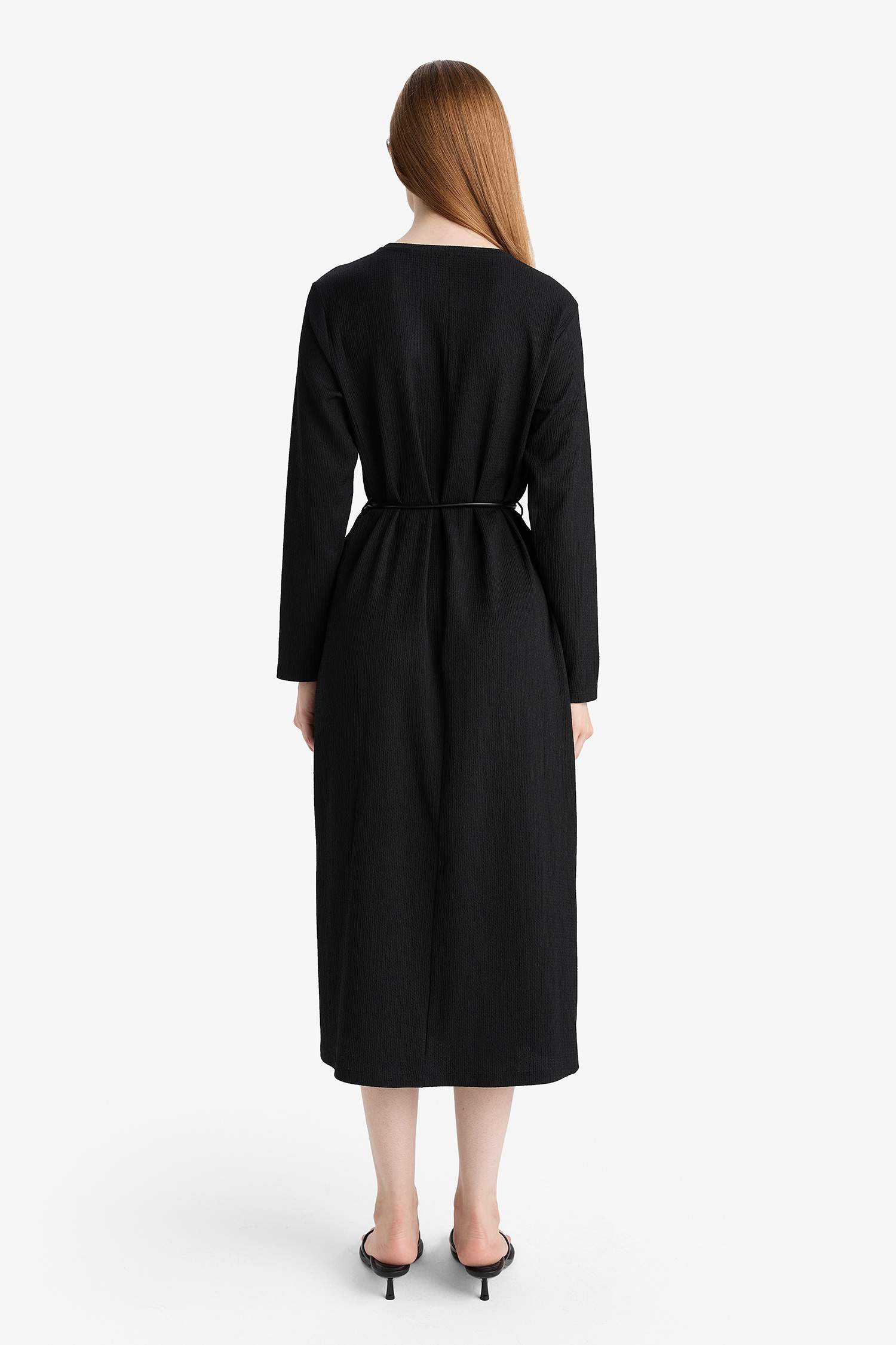 Regular Fit Penye Uzun Kollu Midi Elbise