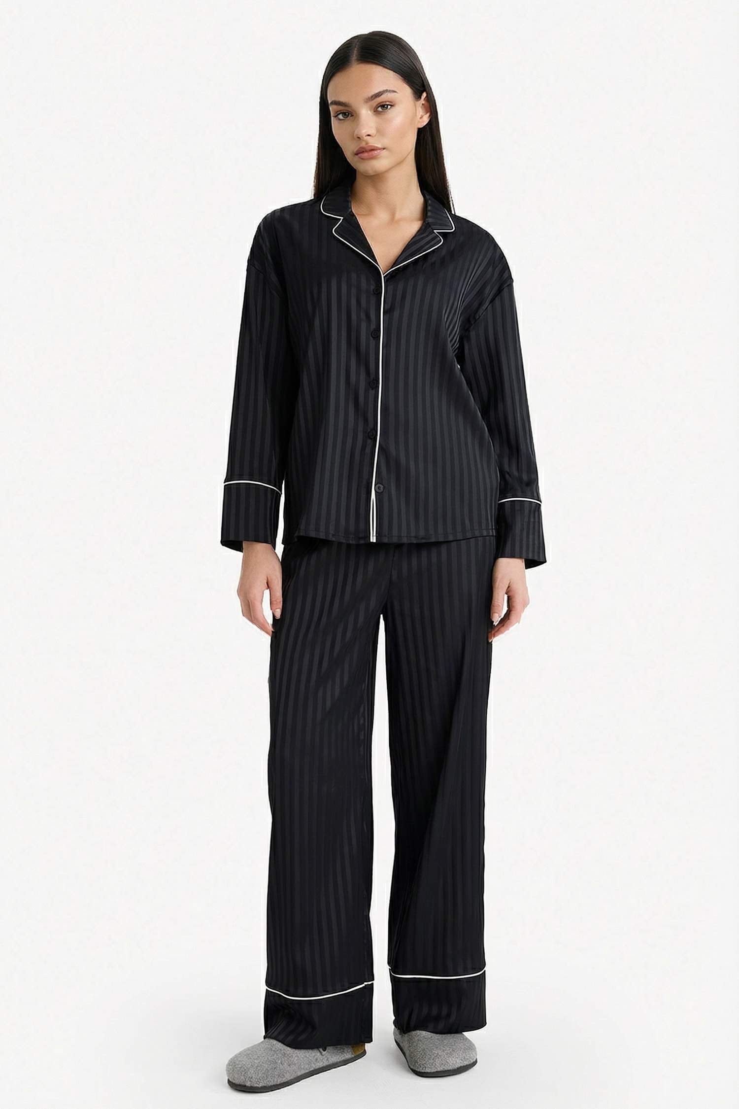 Pijama Takımı Regular Fit Saten Uzun Kollu Üst Uzun Alt