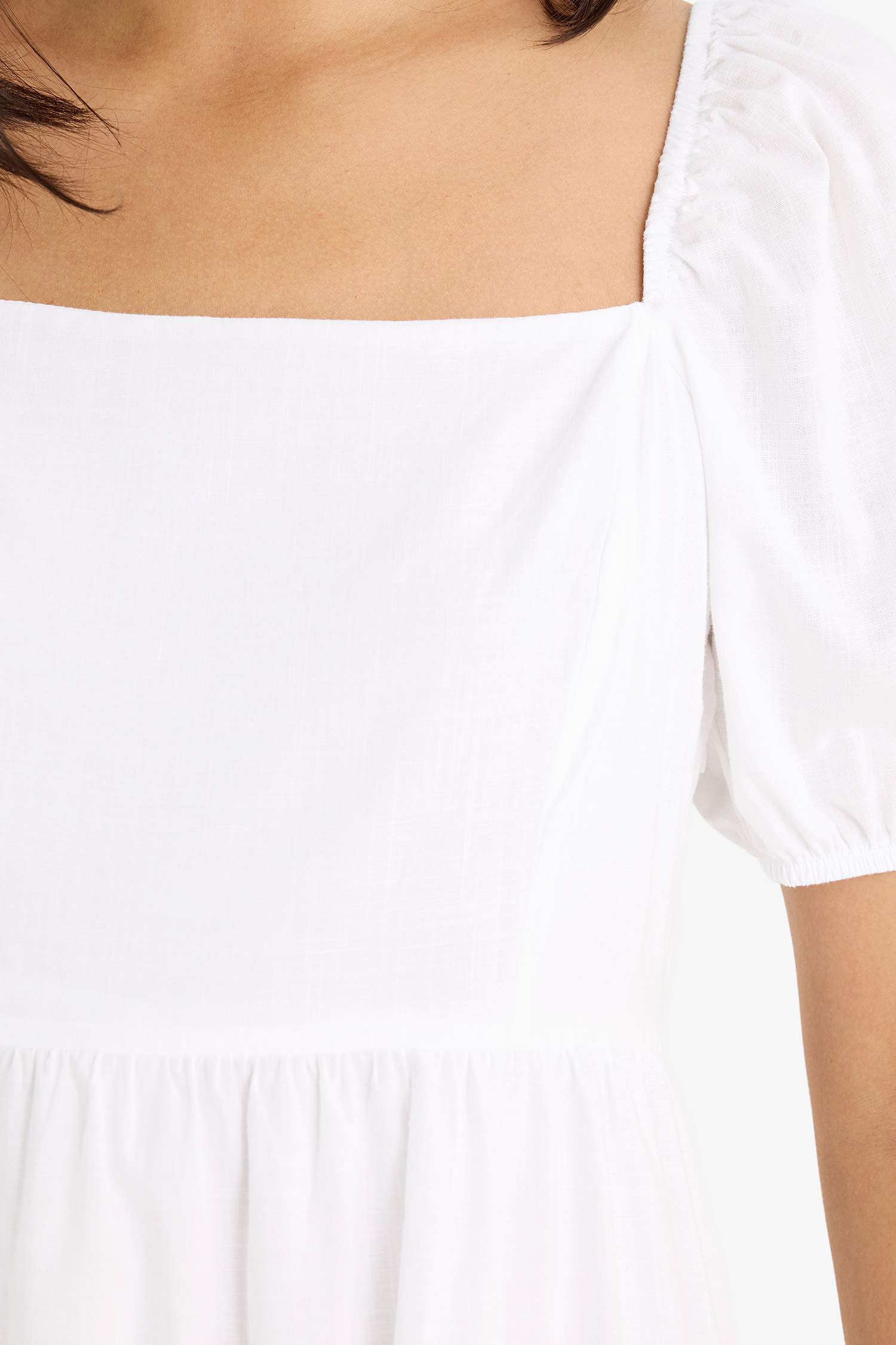 Kare Yaka Poplin Kısa Kollu Maxi Beyaz Yazlık Elbise