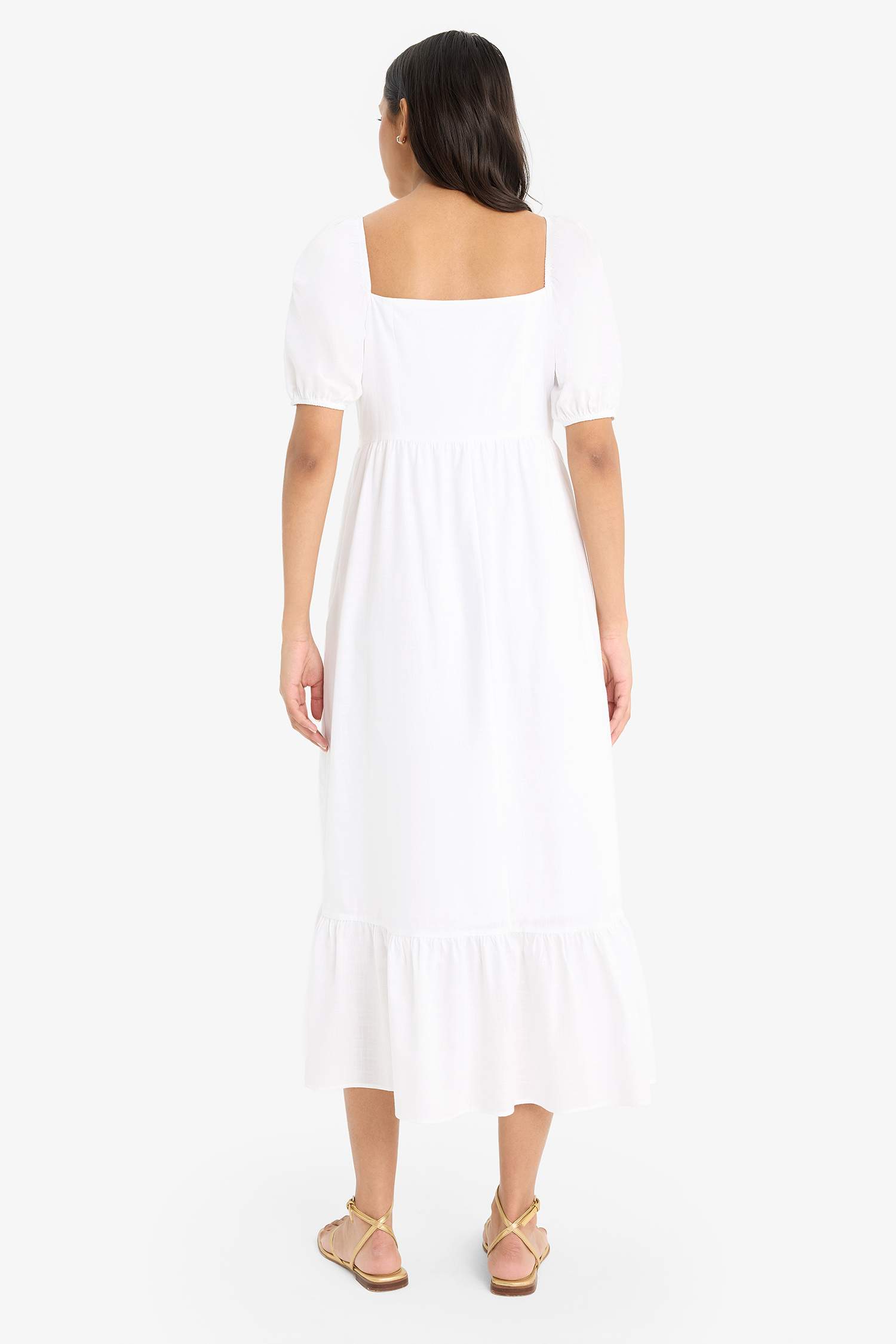 Kare Yaka Poplin Kısa Kollu Maxi Beyaz Yazlık Elbise