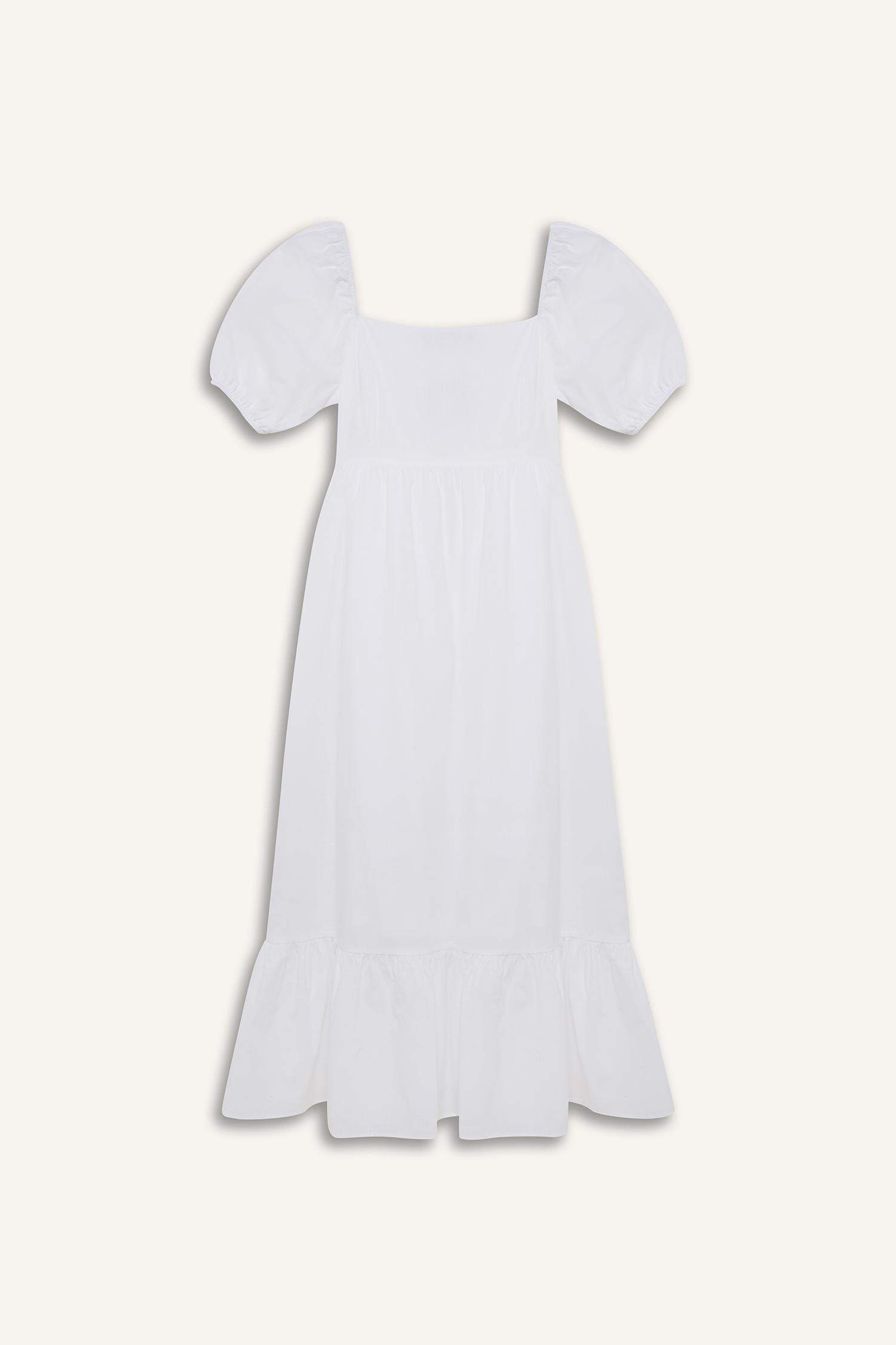 Kare Yaka Poplin Kısa Kollu Maxi Beyaz Yazlık Elbise