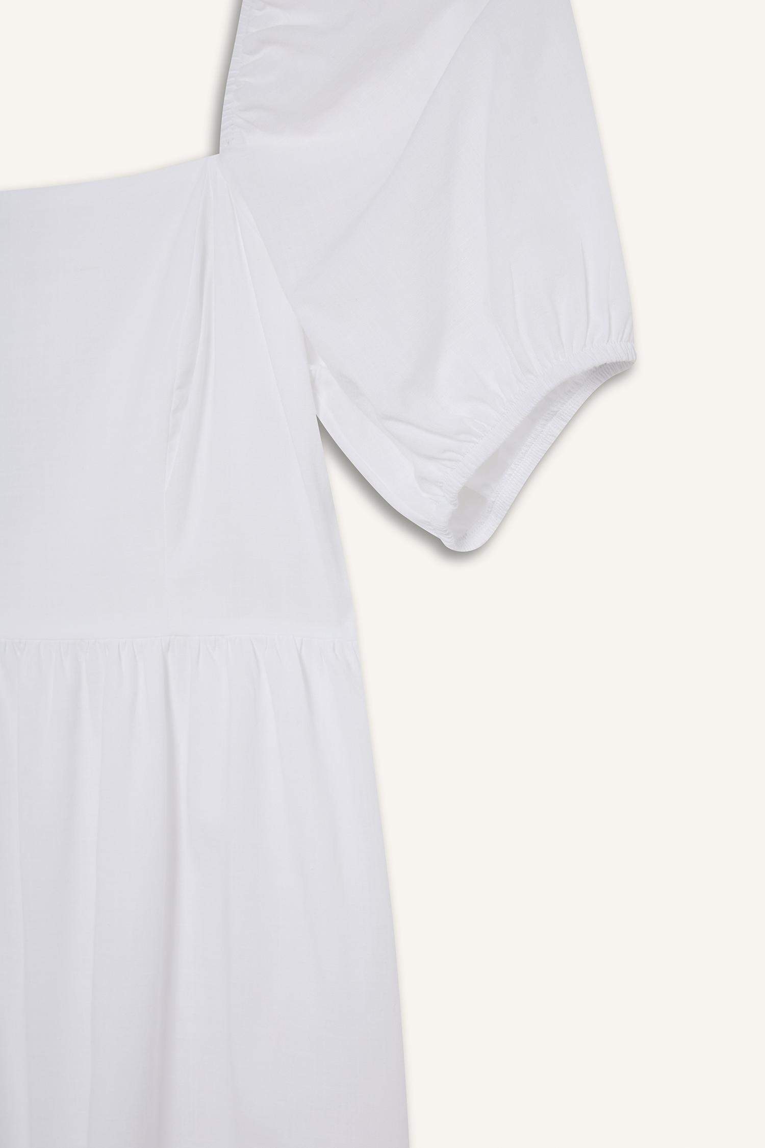 Kare Yaka Poplin Kısa Kollu Maxi Beyaz Yazlık Elbise