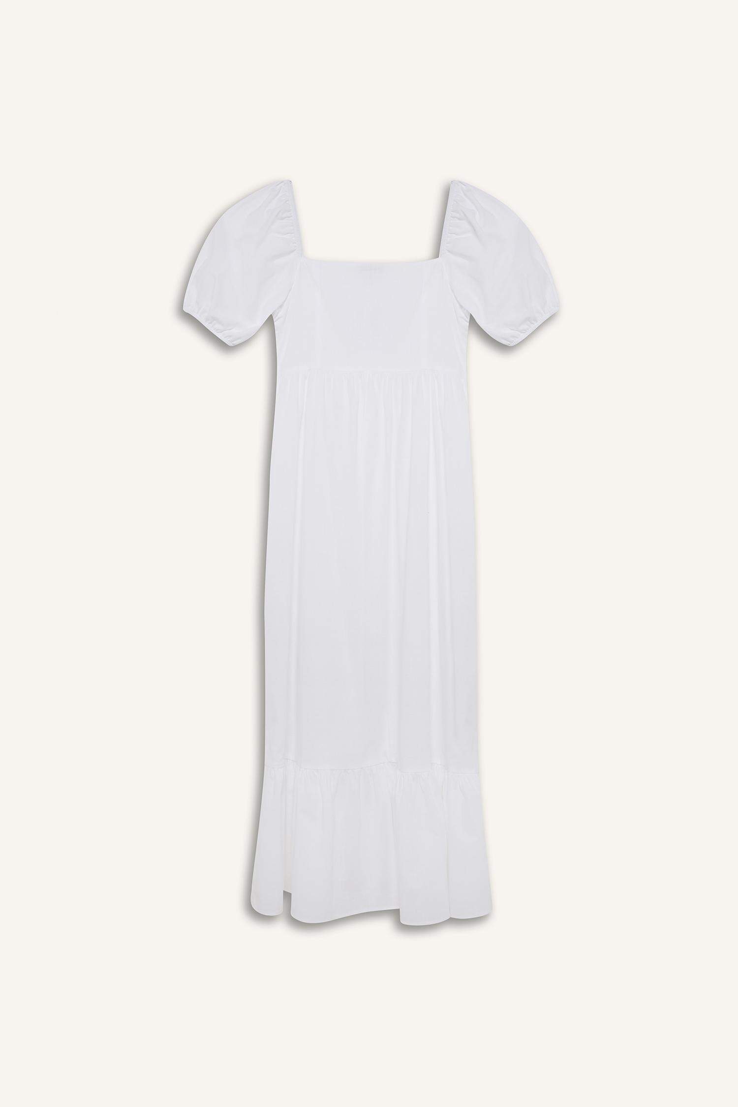 Kare Yaka Poplin Kısa Kollu Maxi Beyaz Yazlık Elbise