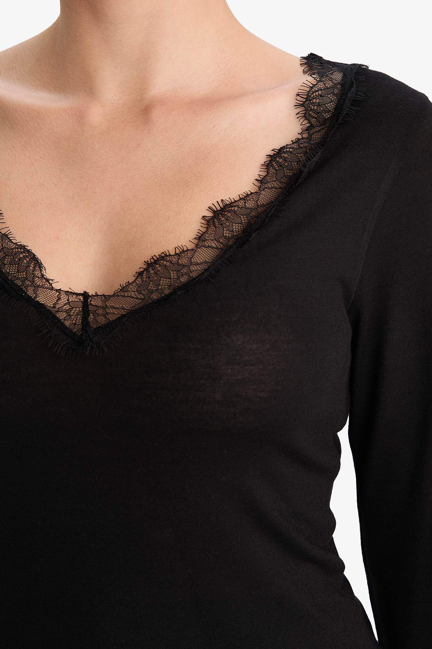 Modal Kaşmir Yumuşak Dokulu Dantelli Uzun Kollu Üst