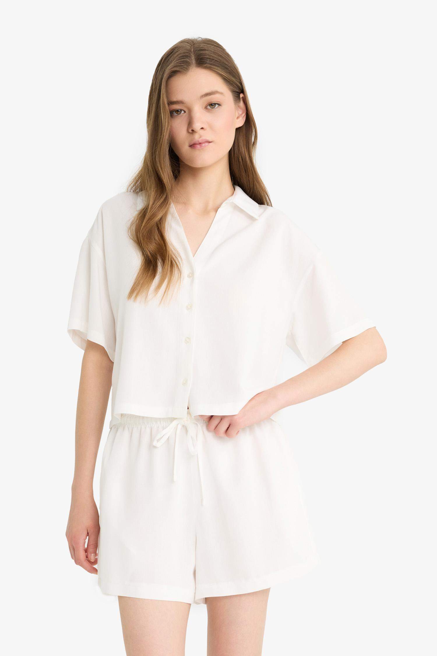 Normal Beli Lastikli Cepli Keten Karışımlı Beyaz Şort