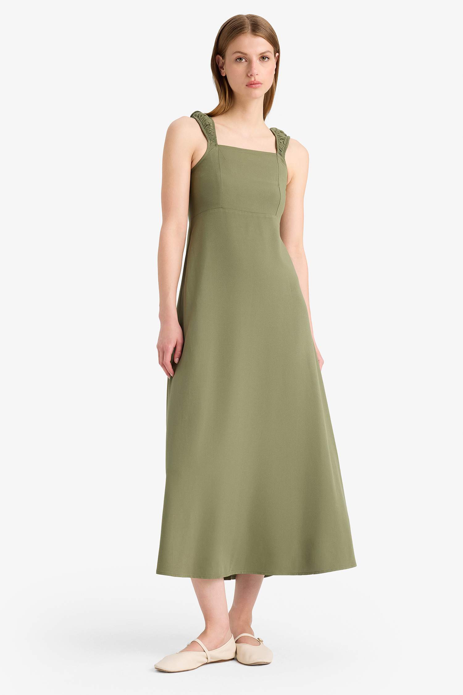 Kare Yaka Keten Karışımlı Kısa Kollu Midi Yazlık Elbise