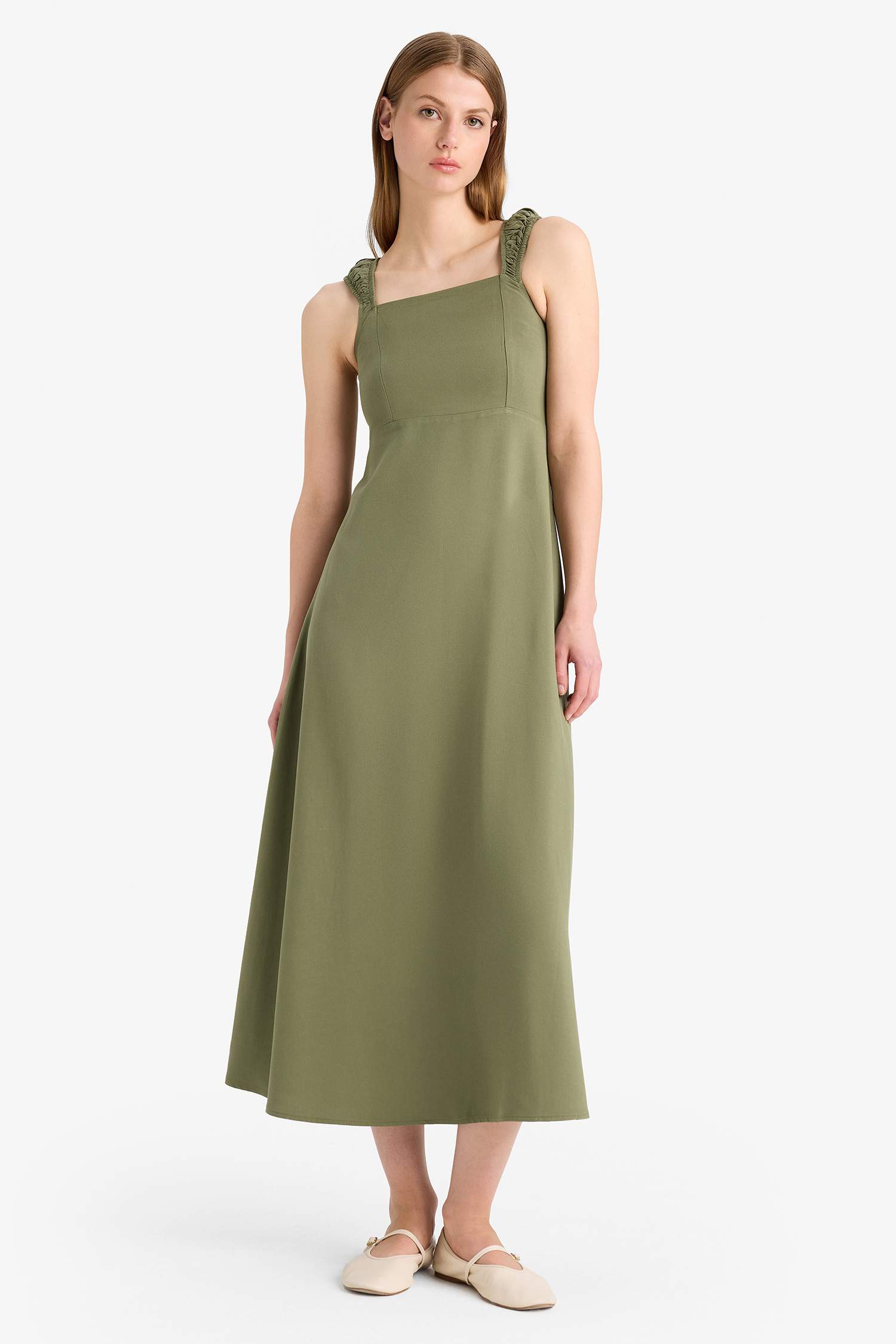 Kare Yaka Keten Karışımlı Kısa Kollu Midi Yazlık Elbise