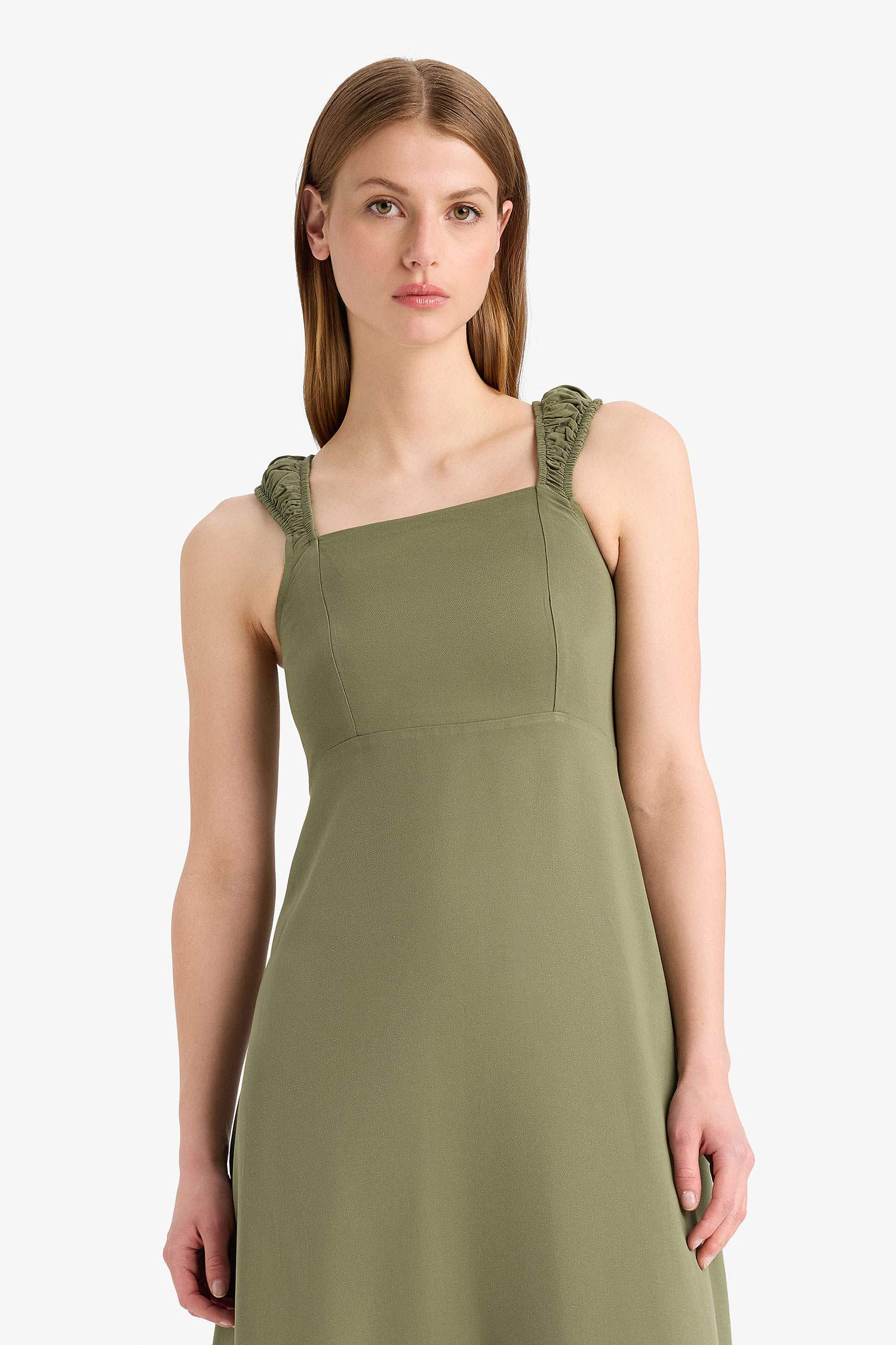 Kare Yaka Keten Karışımlı Kısa Kollu Midi Yazlık Elbise