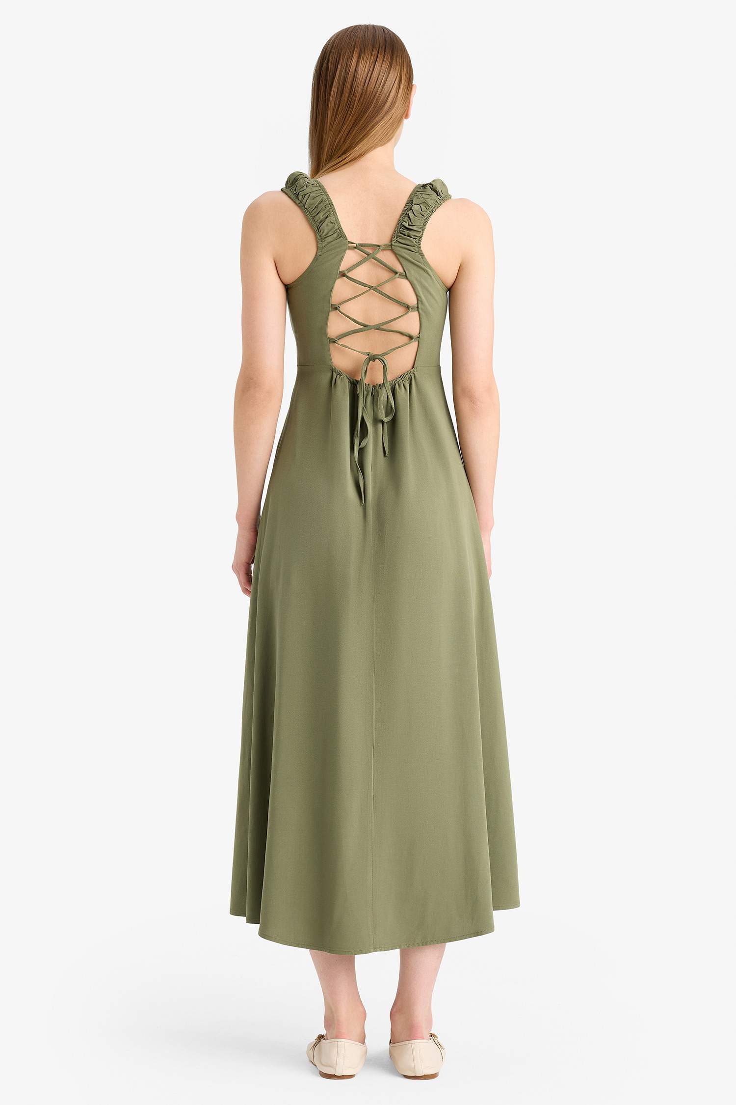 Kare Yaka Keten Karışımlı Kısa Kollu Midi Yazlık Elbise