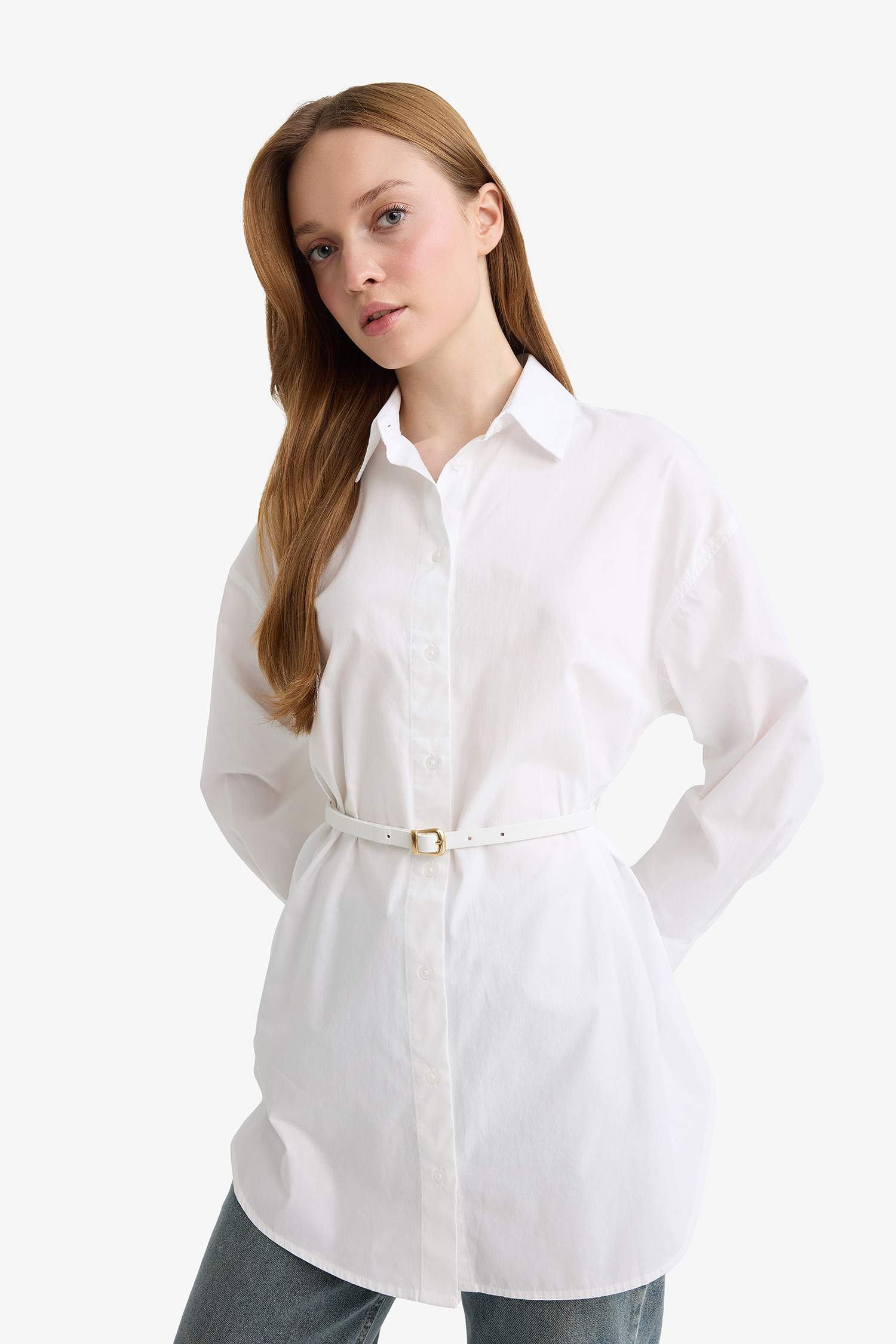 قميص طويل بوبلين قصة عادية ردن طويل