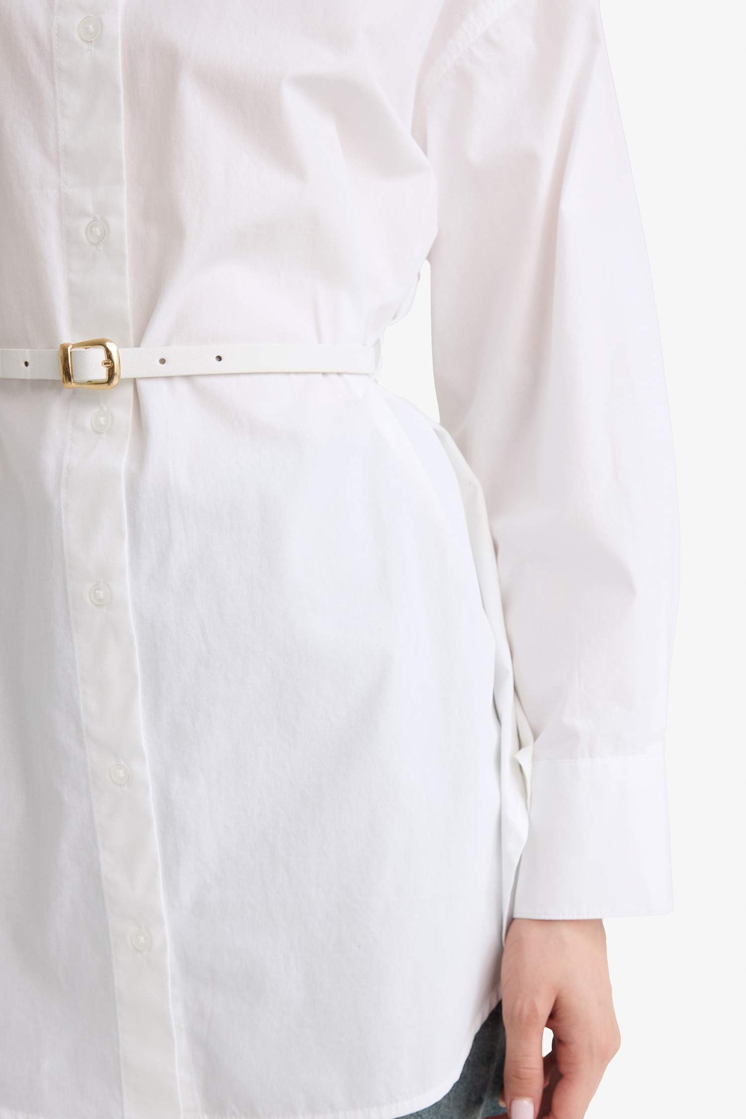 قميص طويل بوبلين قصة عادية ردن طويل