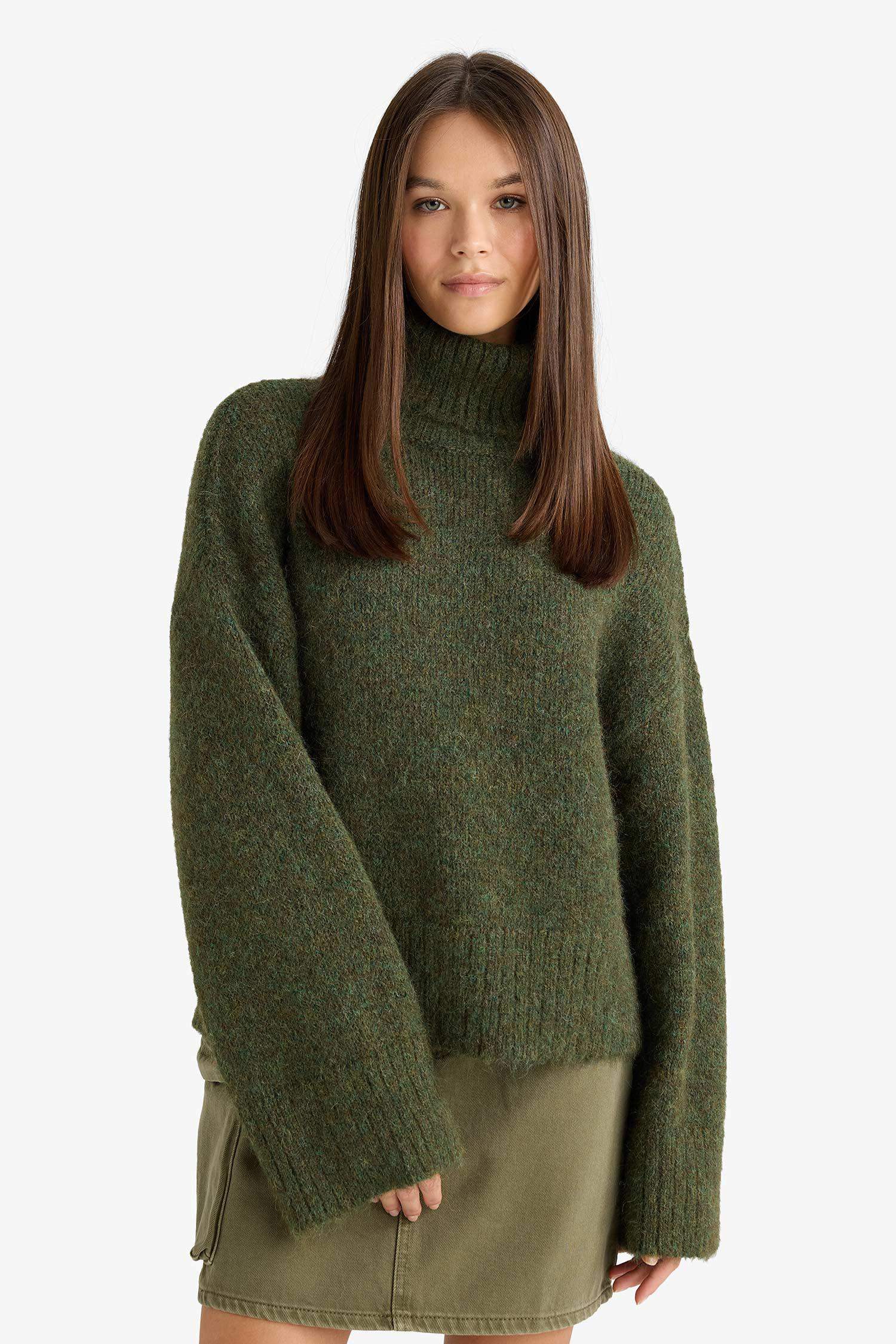 Wool Blend Turtleneck Oversize Fit Knit Pullover