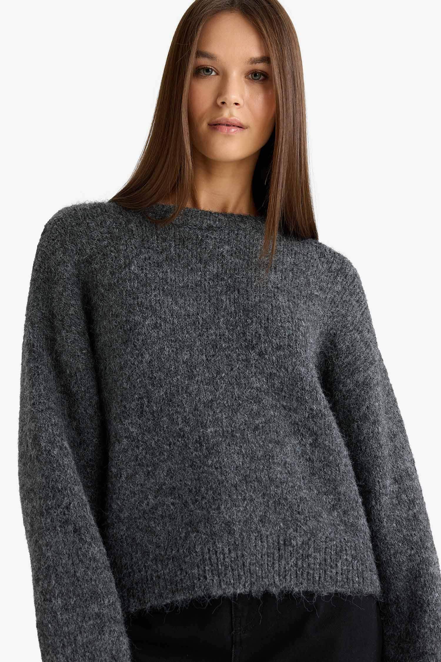 Yün Karışımlı Bisiklet Yaka Oversize Fit Triko Kazak