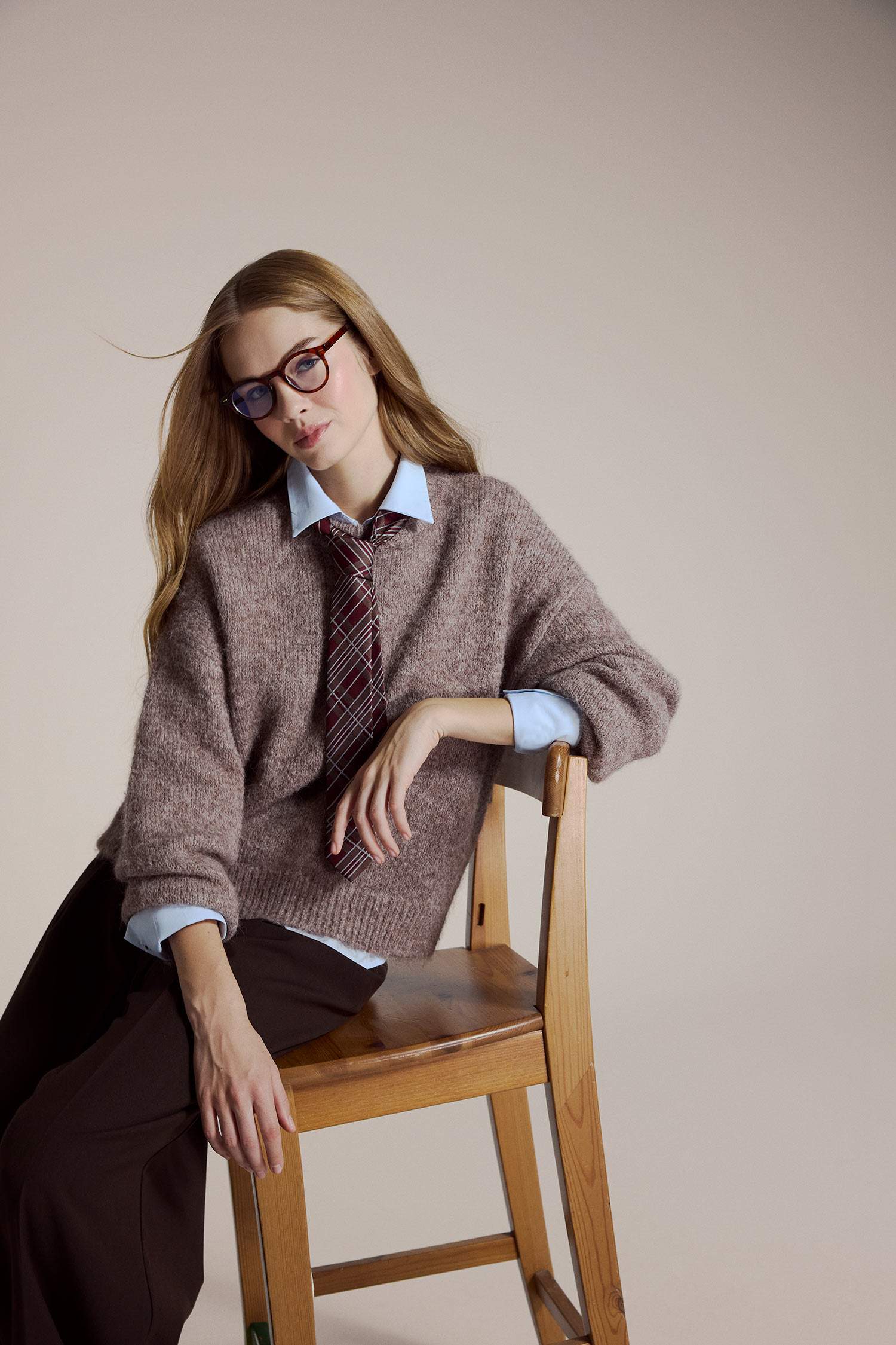 Yün Karışımlı Bisiklet Yaka Oversize Fit Triko Kazak