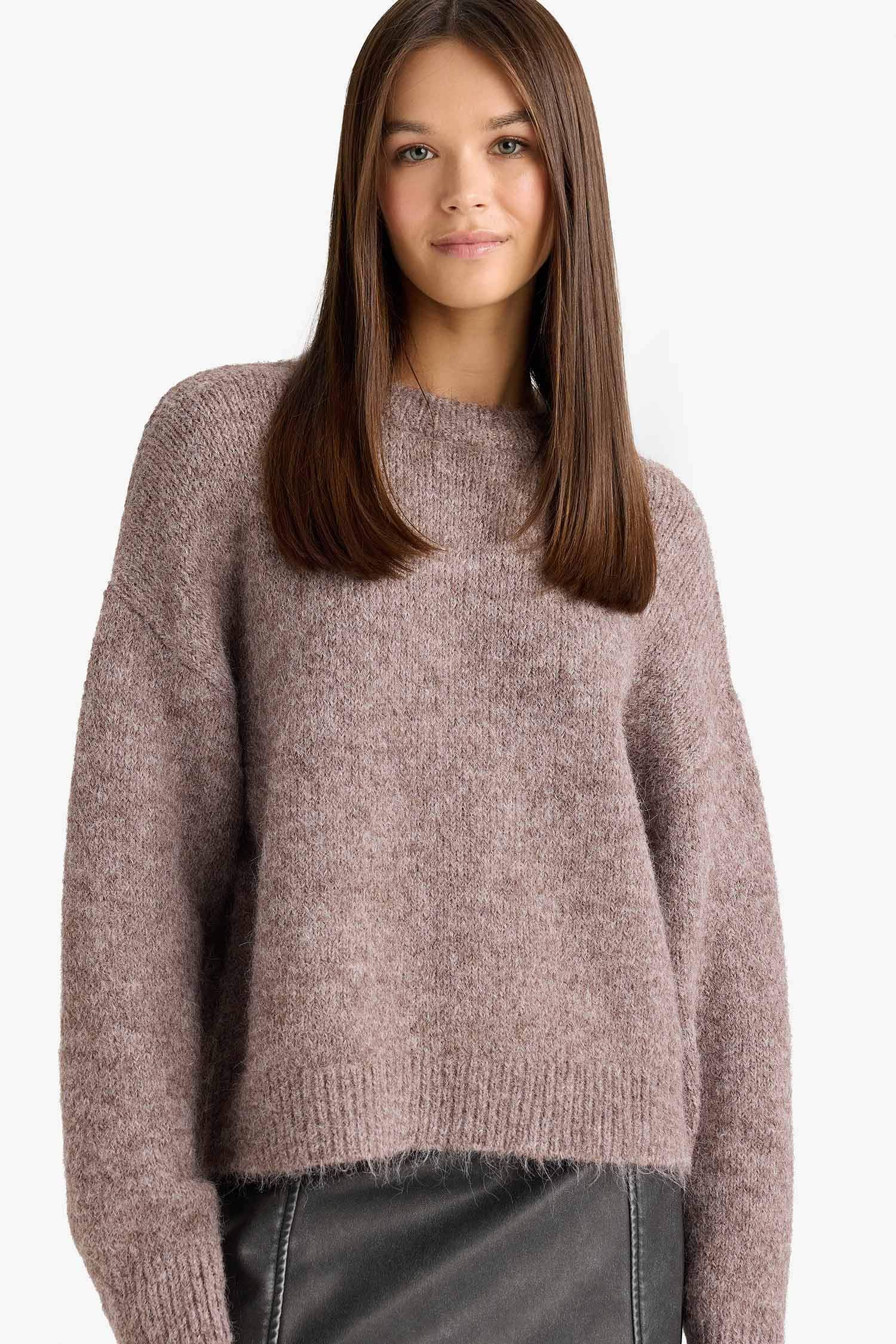 Yün Karışımlı Bisiklet Yaka Oversize Fit Triko Kazak