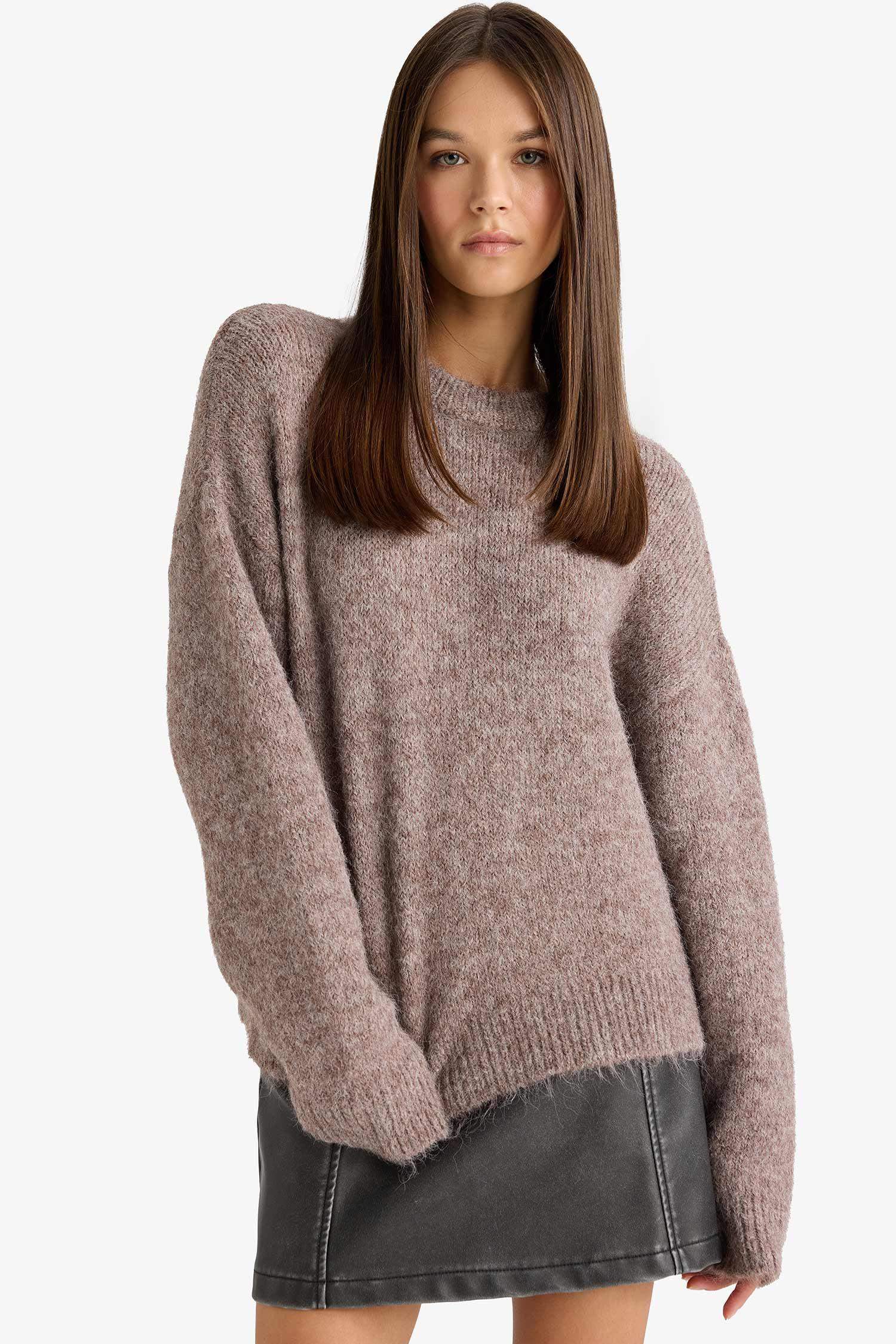 Yün Karışımlı Bisiklet Yaka Oversize Fit Triko Kazak