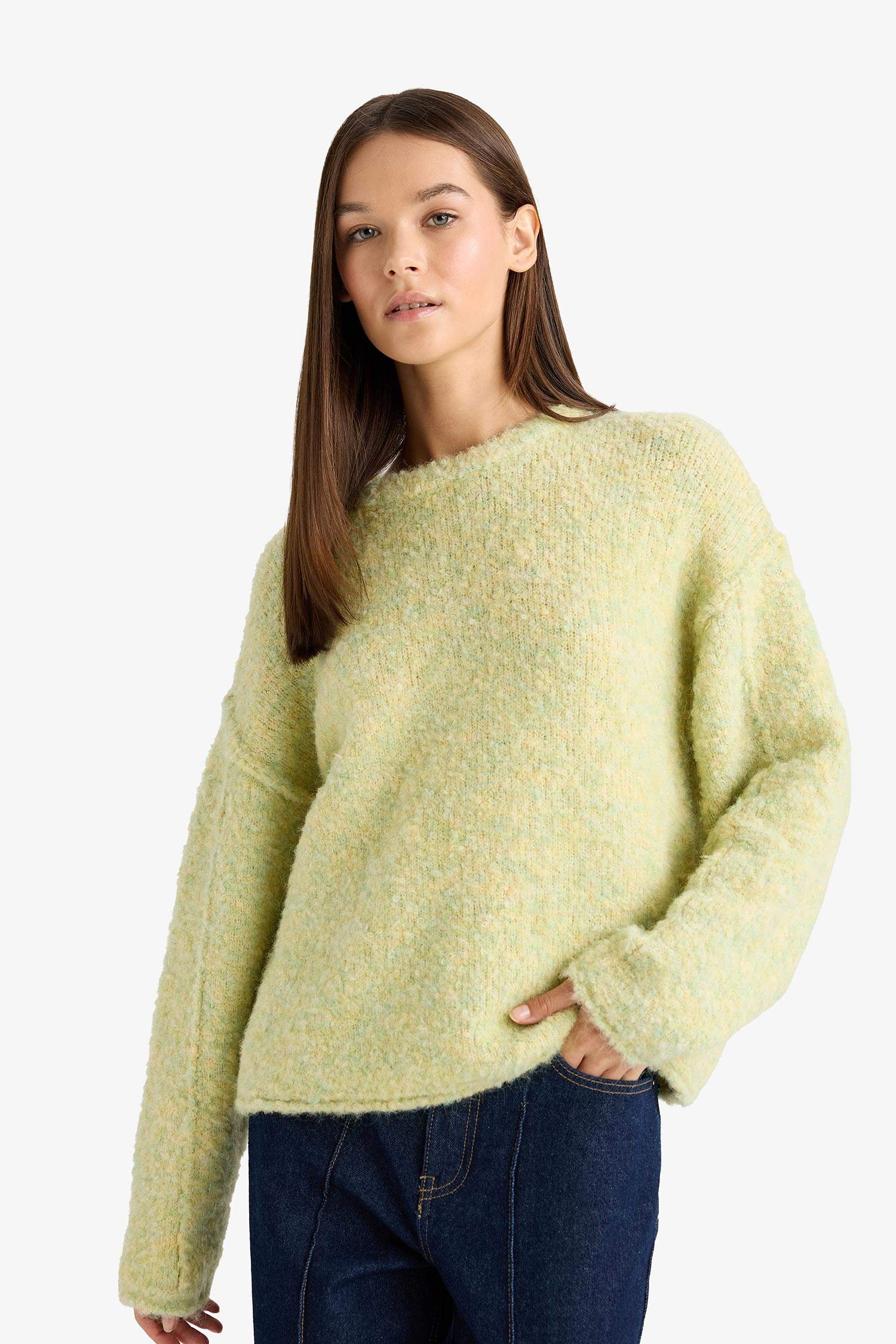 Yün Karışımlı Bisiklet Yaka Oversize Fit Triko Kazak