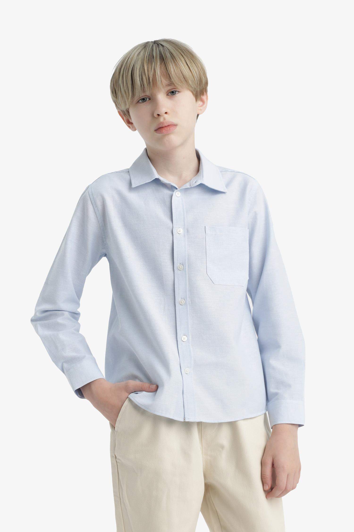 قميص بولو ولادي كم طويل أوكسفورد قصة عادية