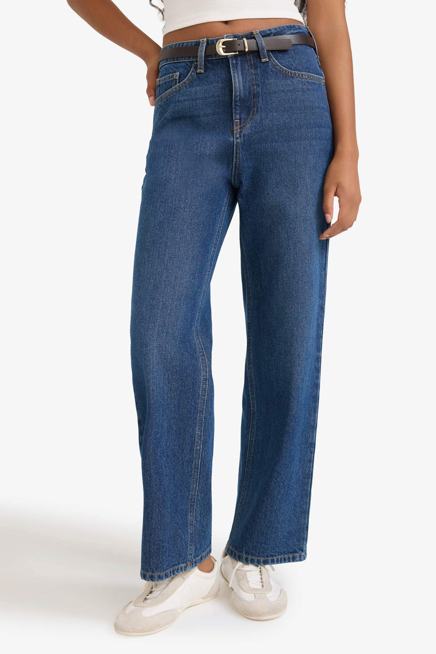 Straight Fit Yüksek Bel Düz Paça Uzun Jean Pantolon