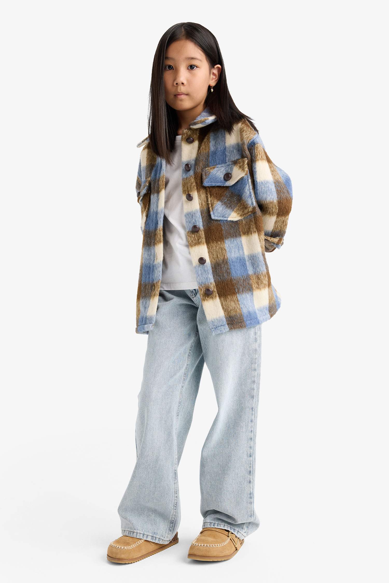 Kız Çocuk Kaşe Kareli Uzun Kollu Gömlek