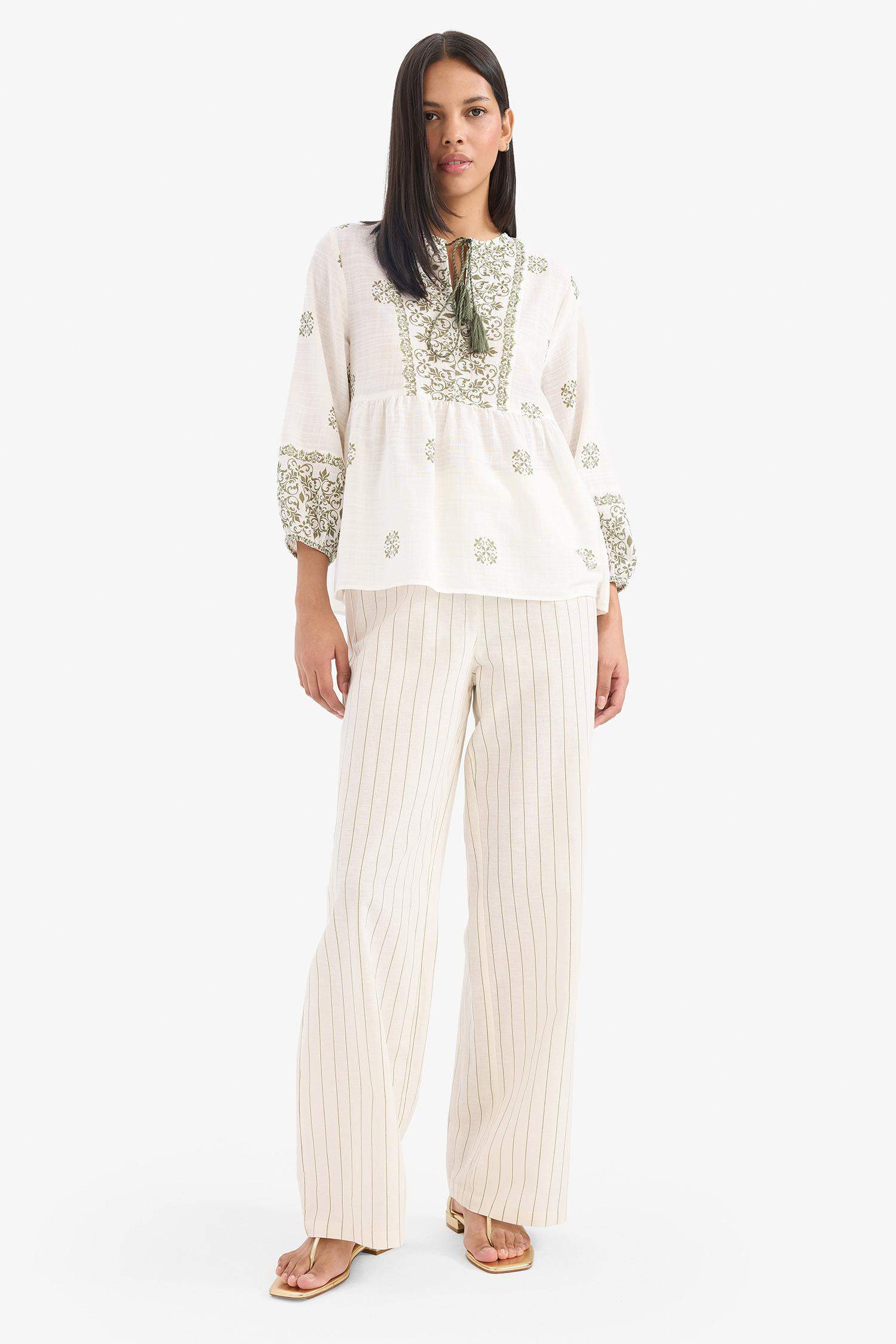 Regular Fit Çizgili Esnek Yüksek Belli Keten Karışımlı Palazzo Pantolon