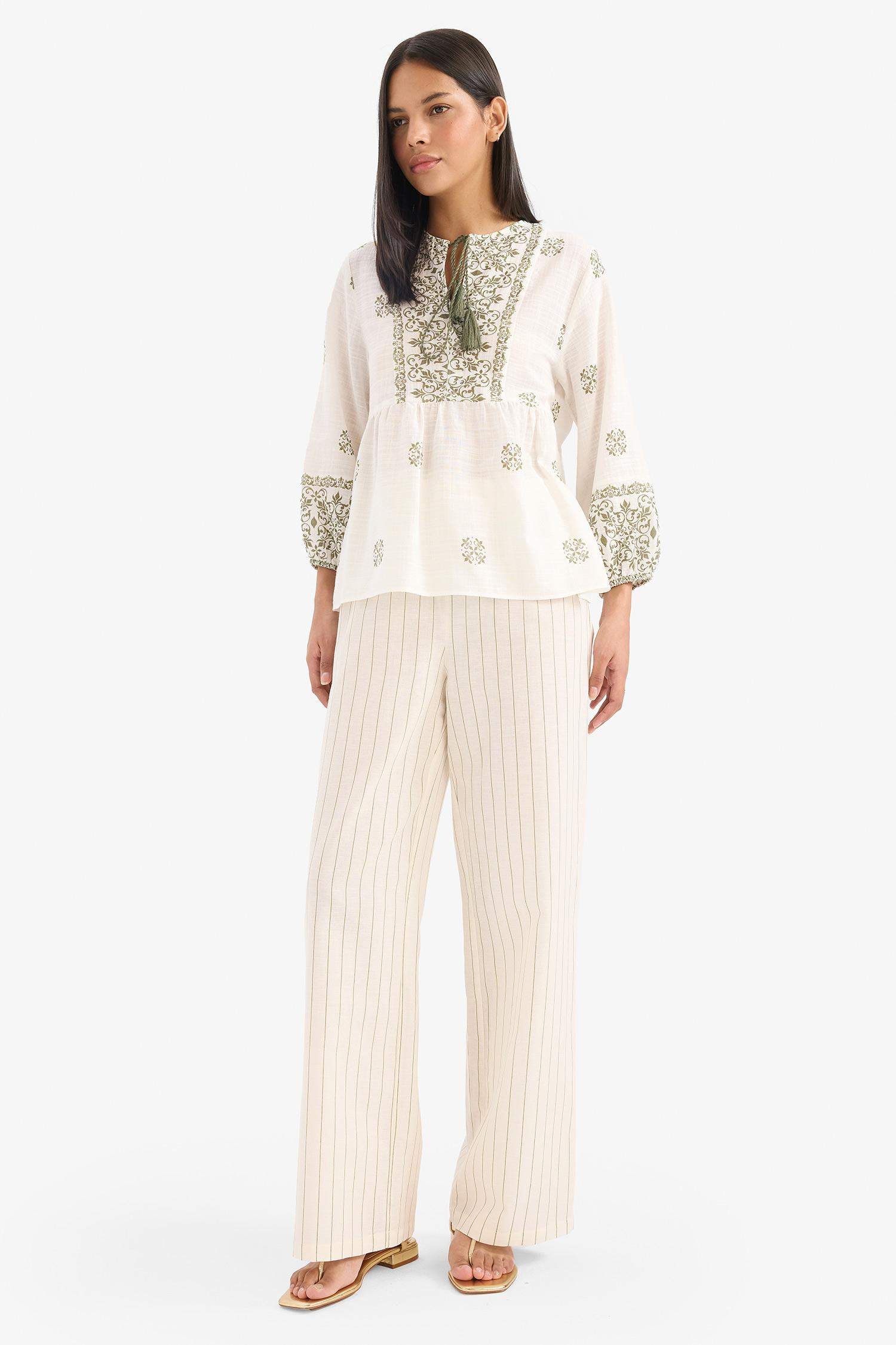 Regular Fit Çizgili Esnek Yüksek Belli Keten Karışımlı Palazzo Pantolon