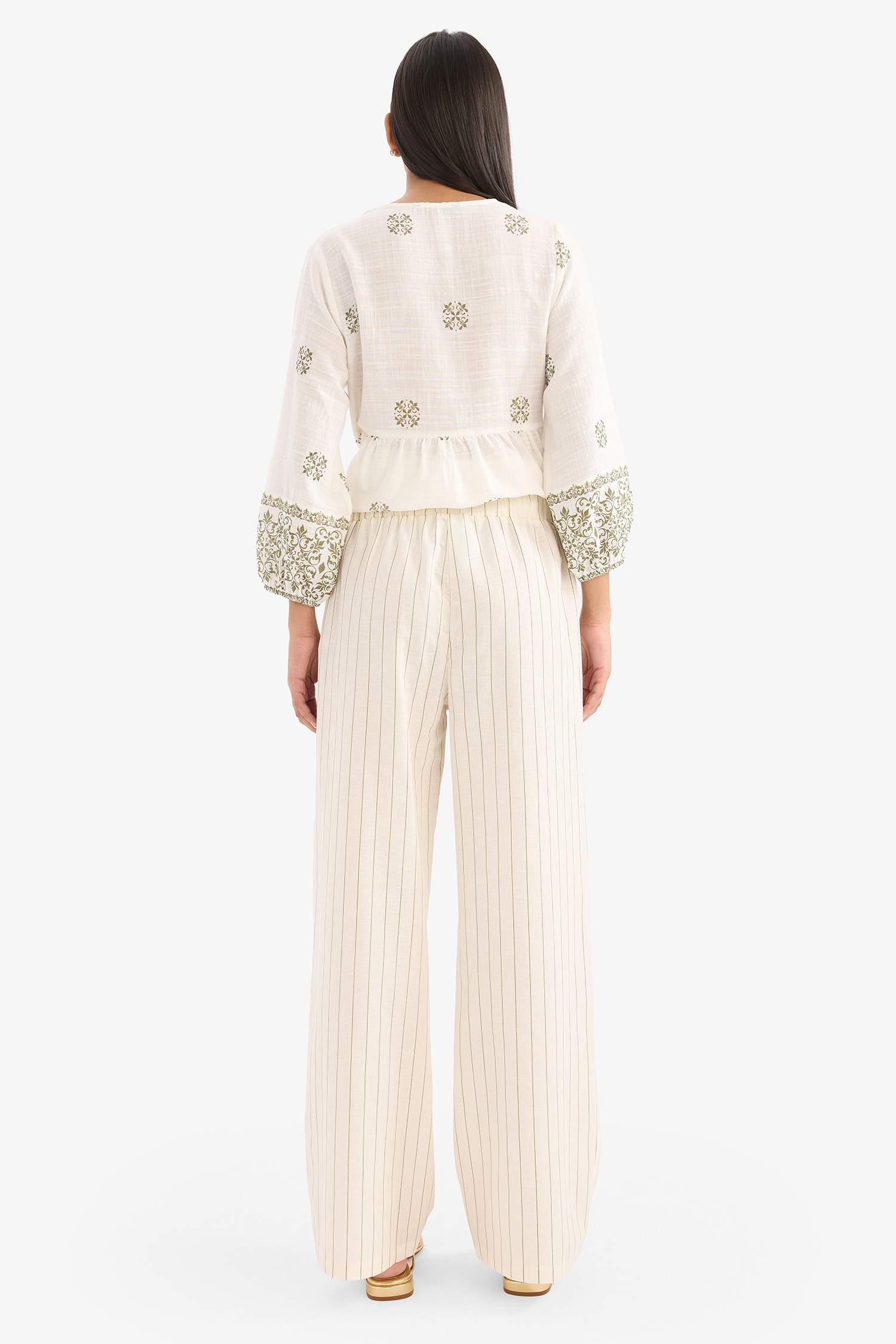 Regular Fit Çizgili Esnek Yüksek Belli Keten Karışımlı Palazzo Pantolon