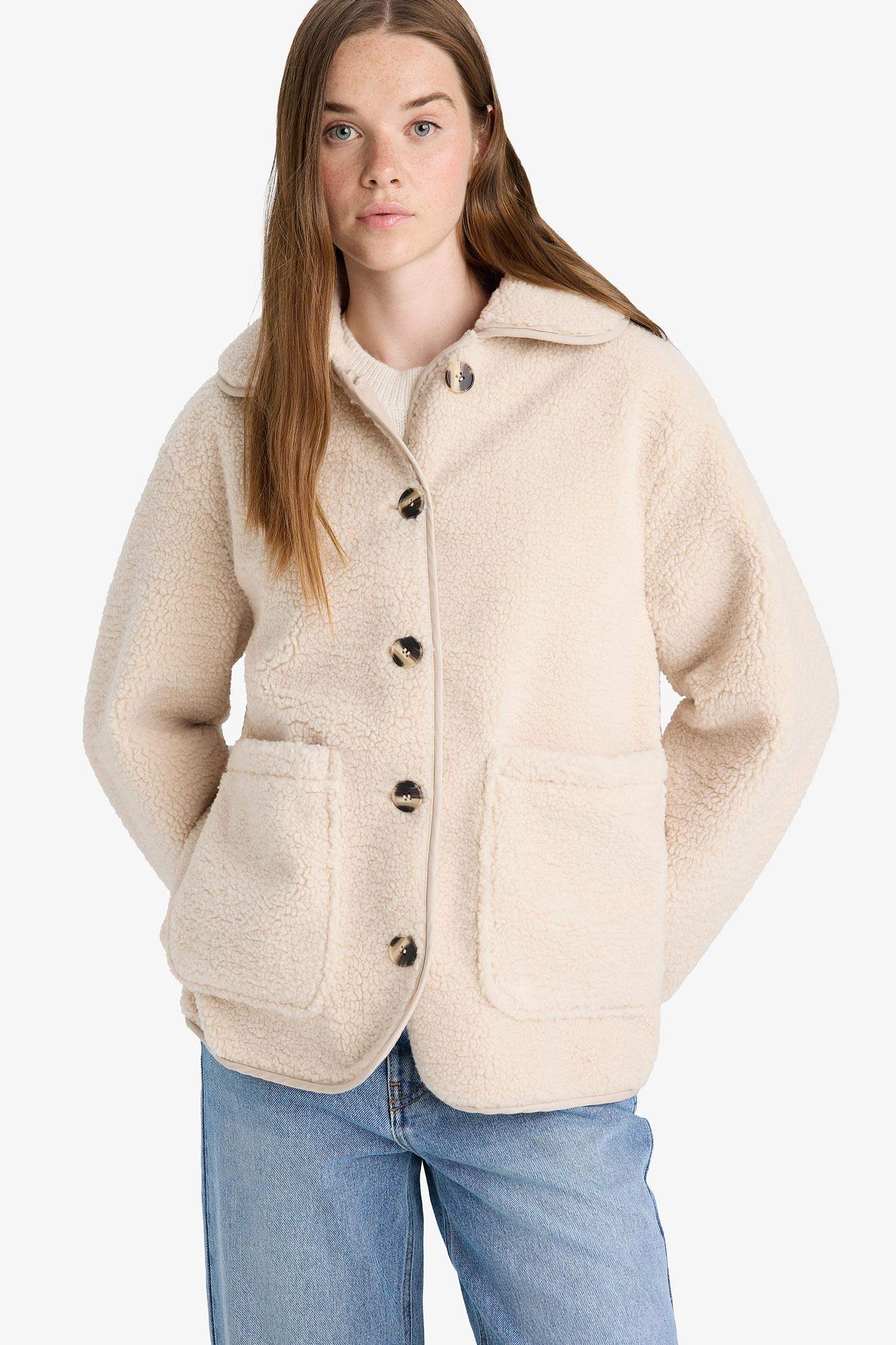 Regular Fit Düğmeli Pelüş Mont