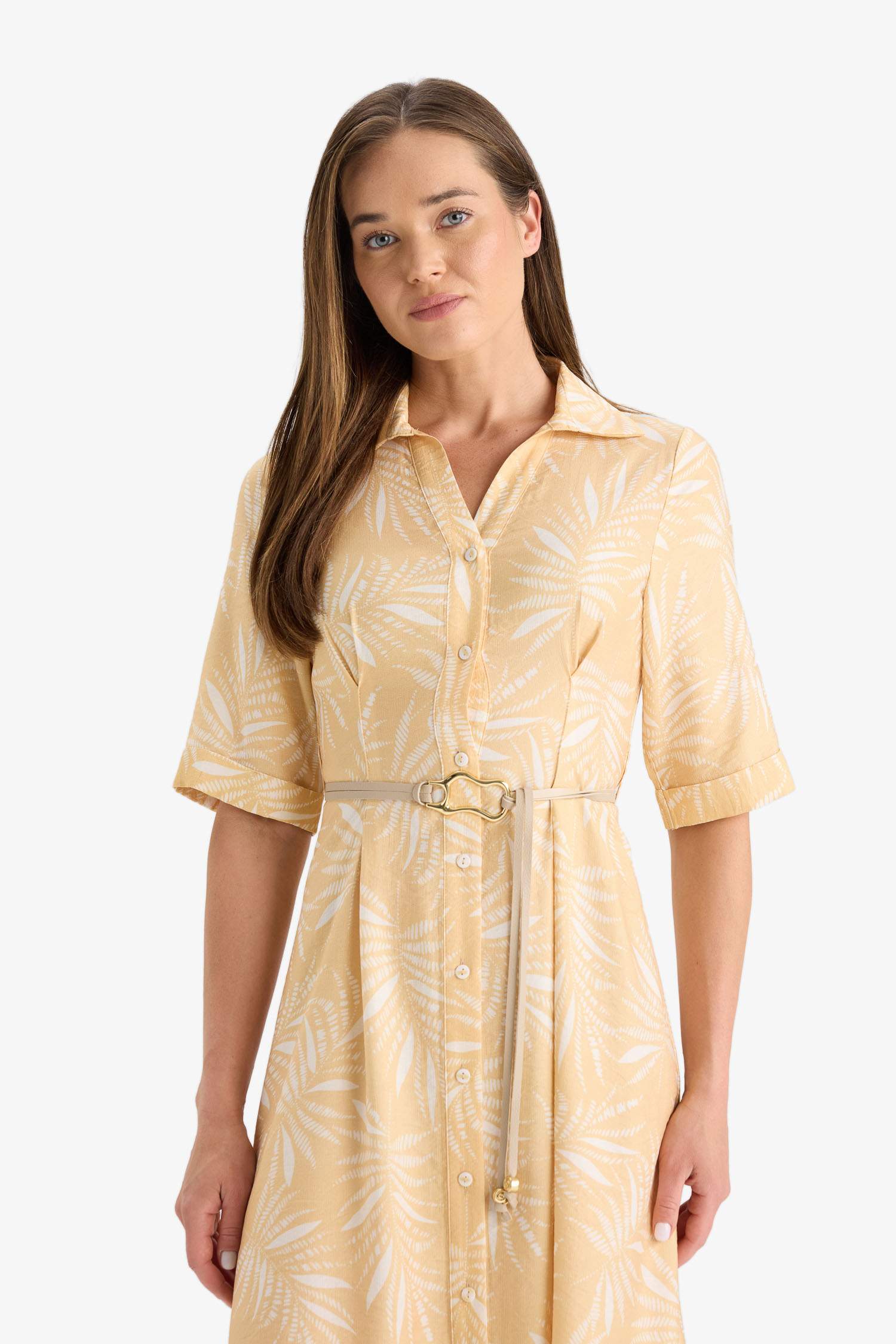 Shirt Collar Patterned Lace-Up Short Sleeve Midi Dress