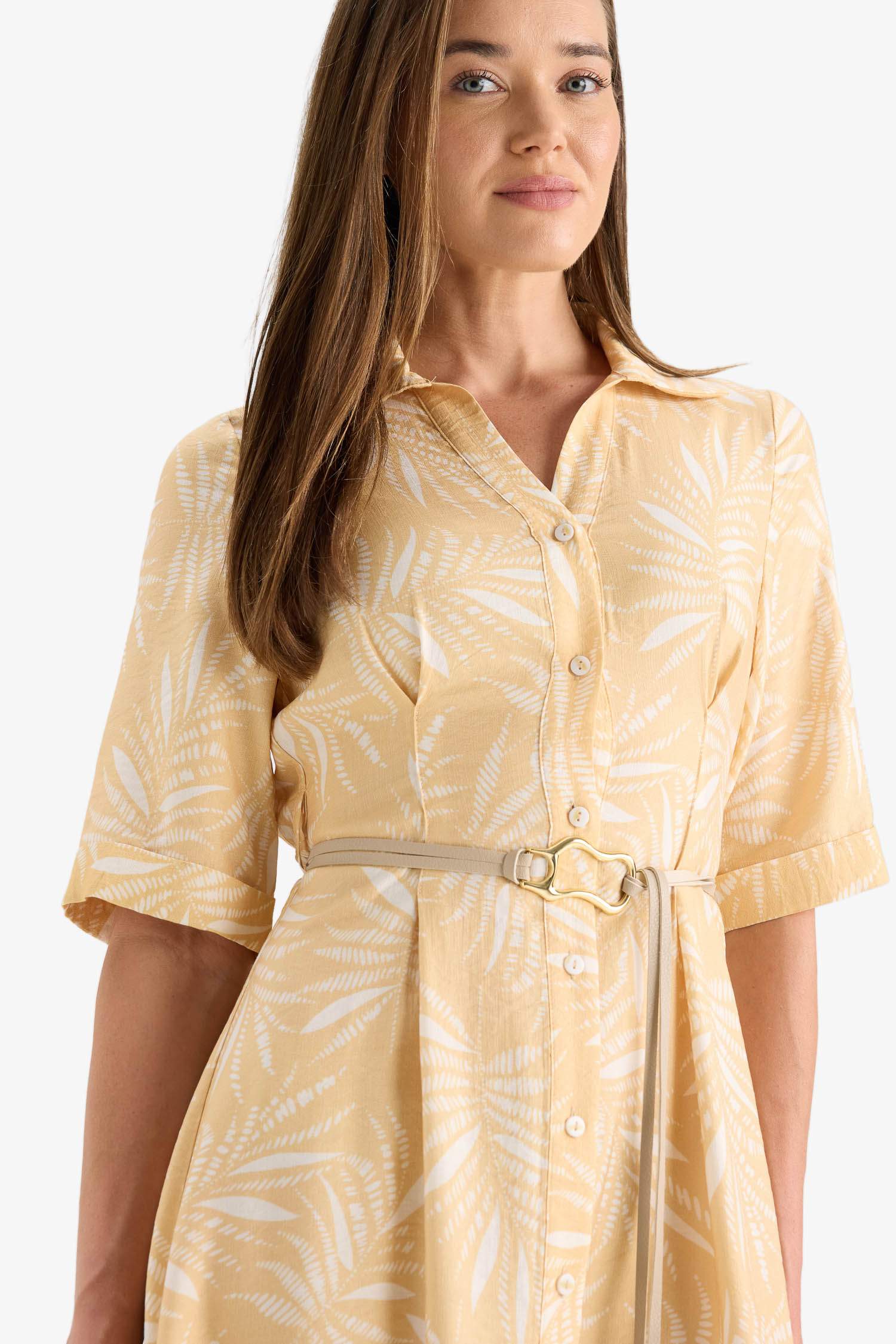 Shirt Collar Patterned Lace-Up Short Sleeve Midi Dress