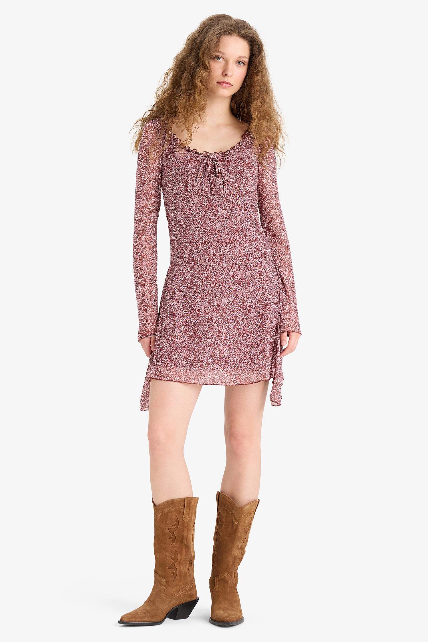 V Yaka Çiçekli Tül Uzun Kollu Mini Elbise