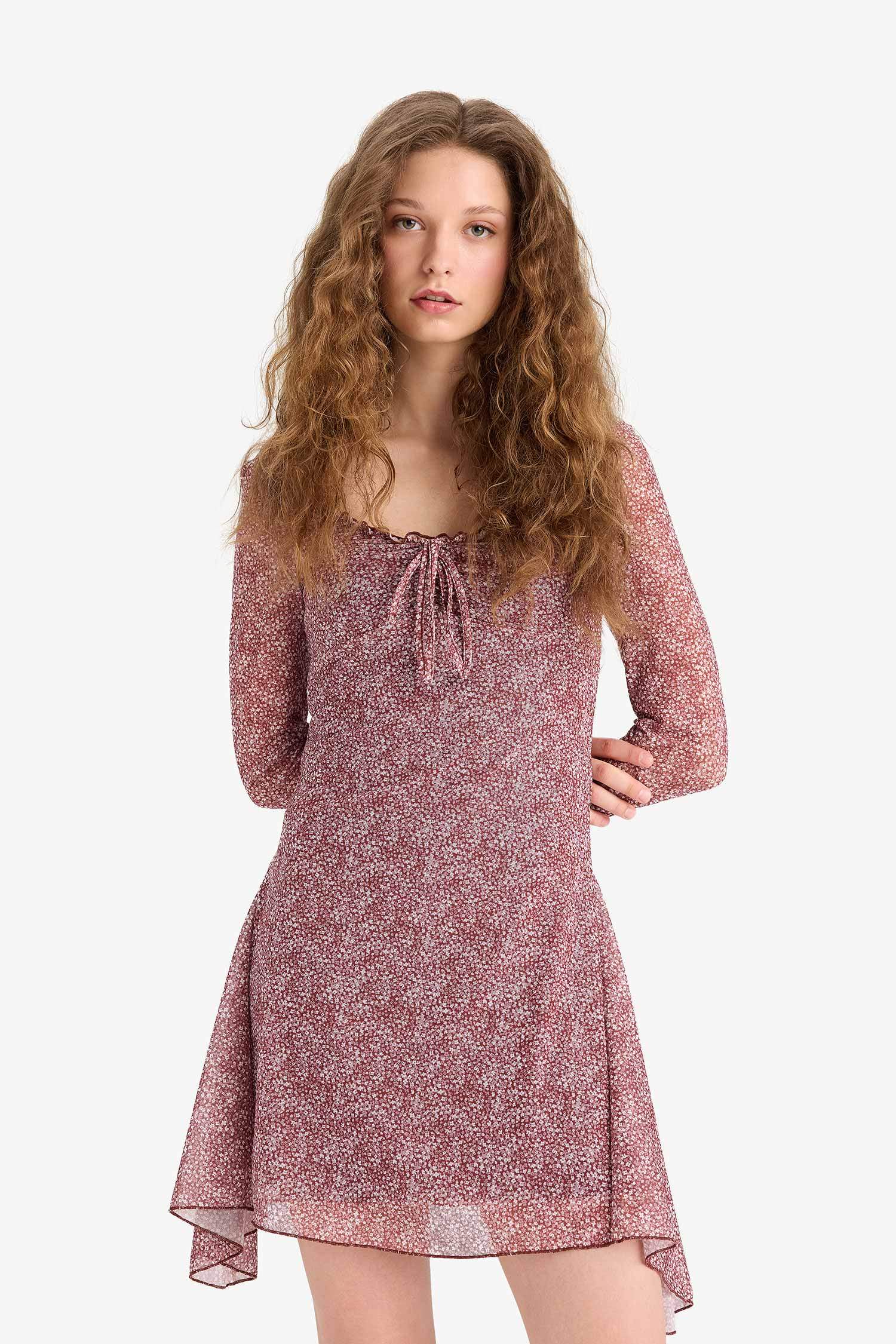 V Yaka Çiçekli Tül Uzun Kollu Mini Elbise