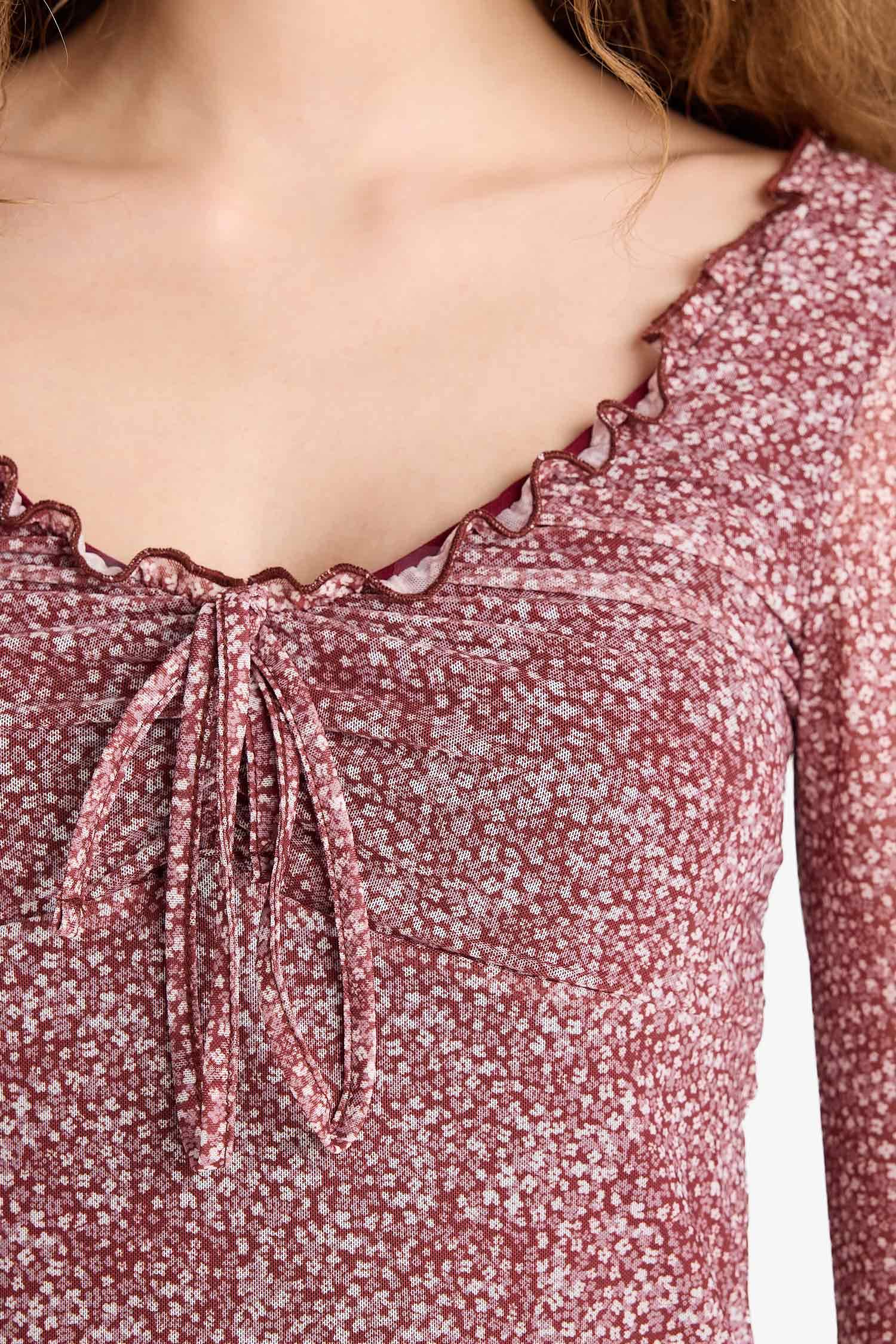 V Yaka Çiçekli Tül Uzun Kollu Mini Elbise