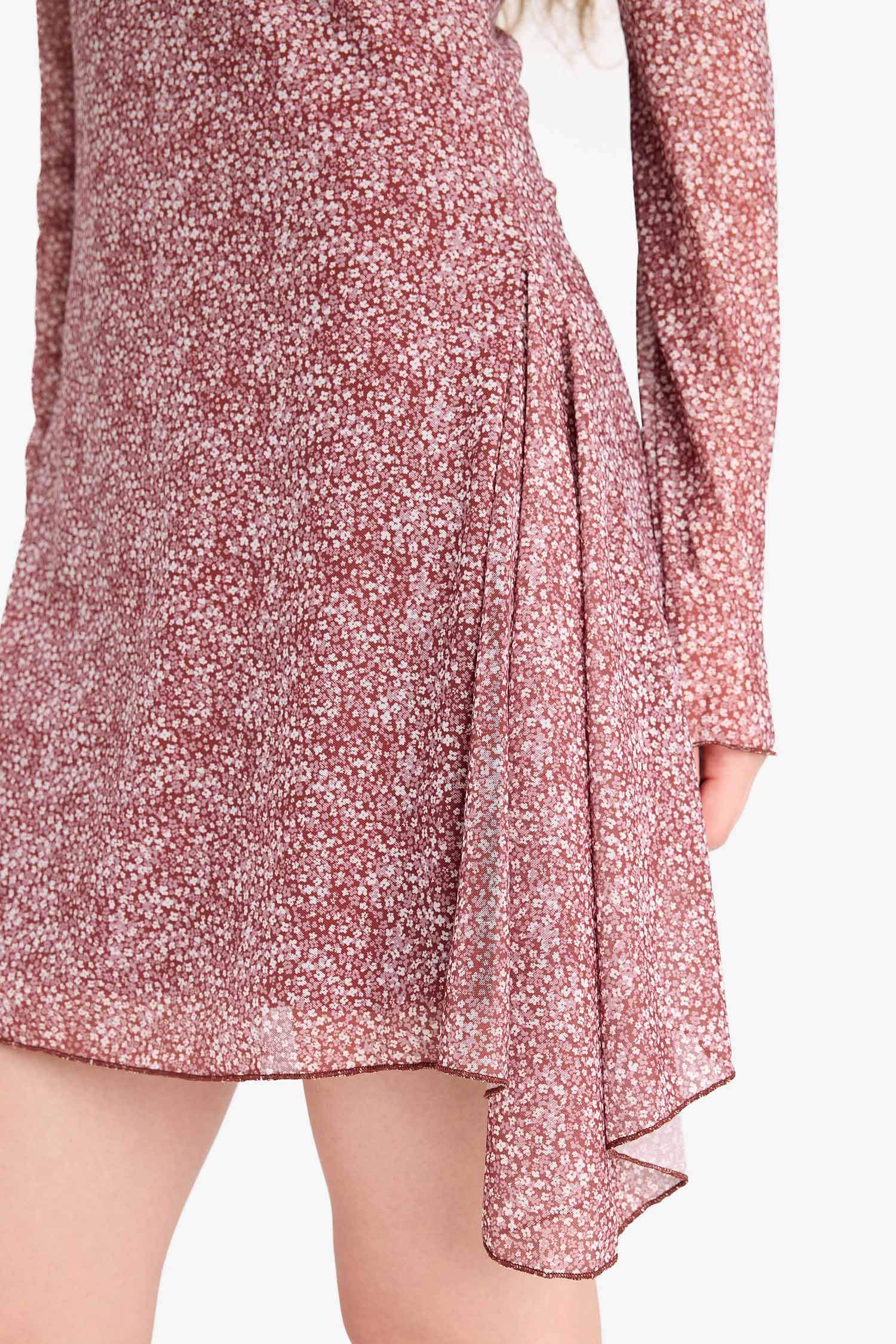 V Yaka Çiçekli Tül Uzun Kollu Mini Elbise