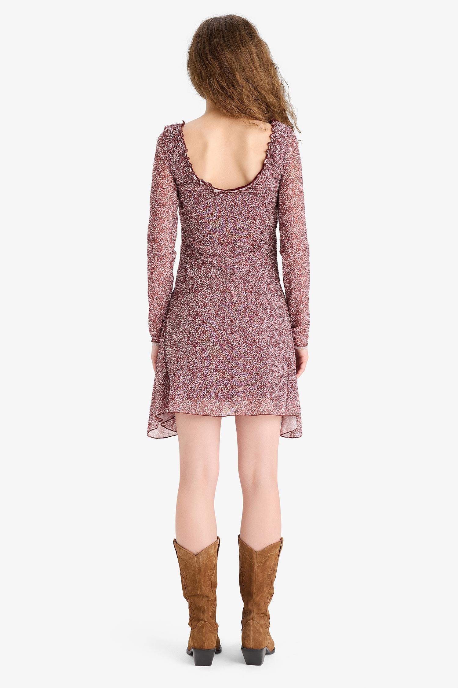 V Yaka Çiçekli Tül Uzun Kollu Mini Elbise